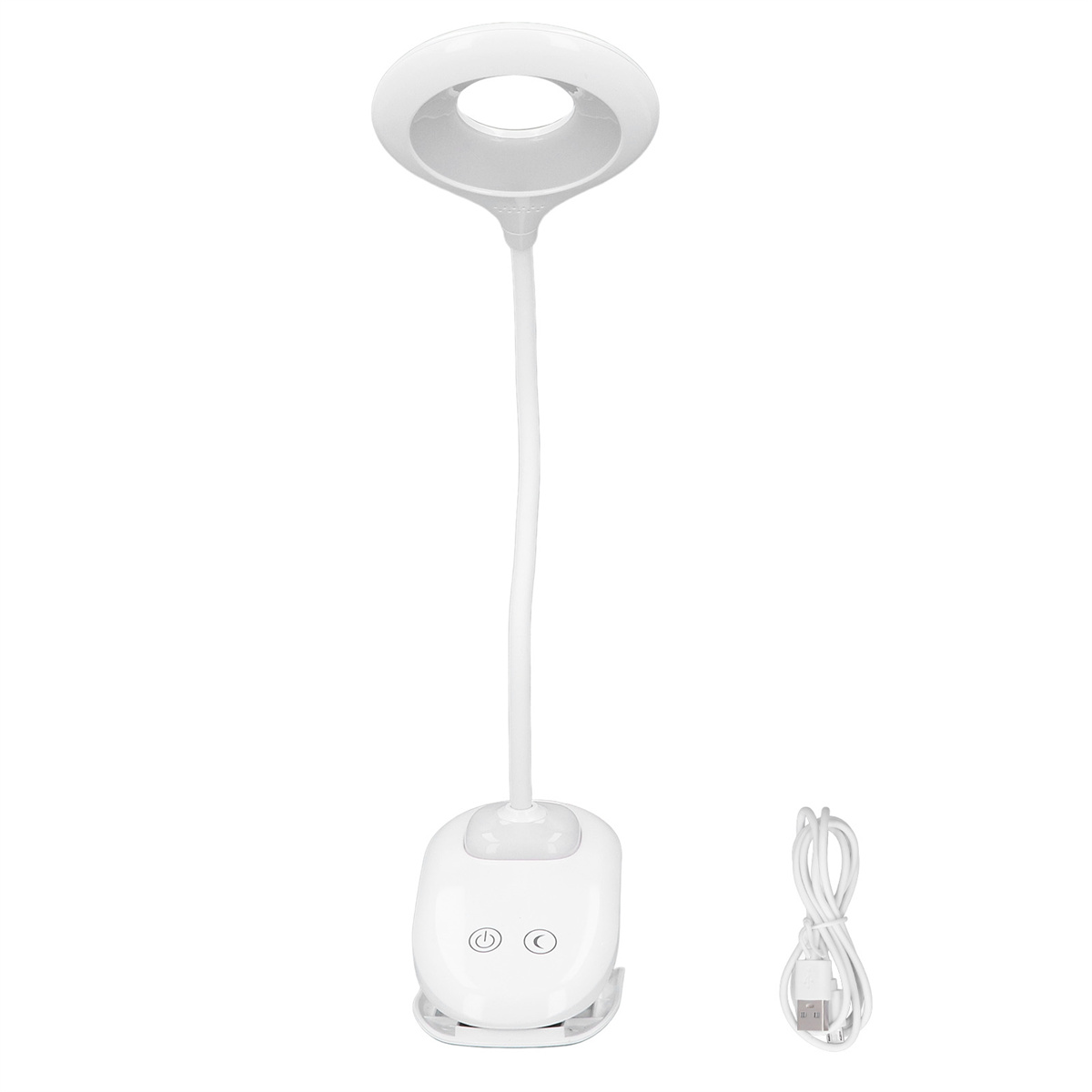 Eine weiße Schreibtischlampe mit gebogenem Hals und rundem Kopf, plus ein weißes Kabel.