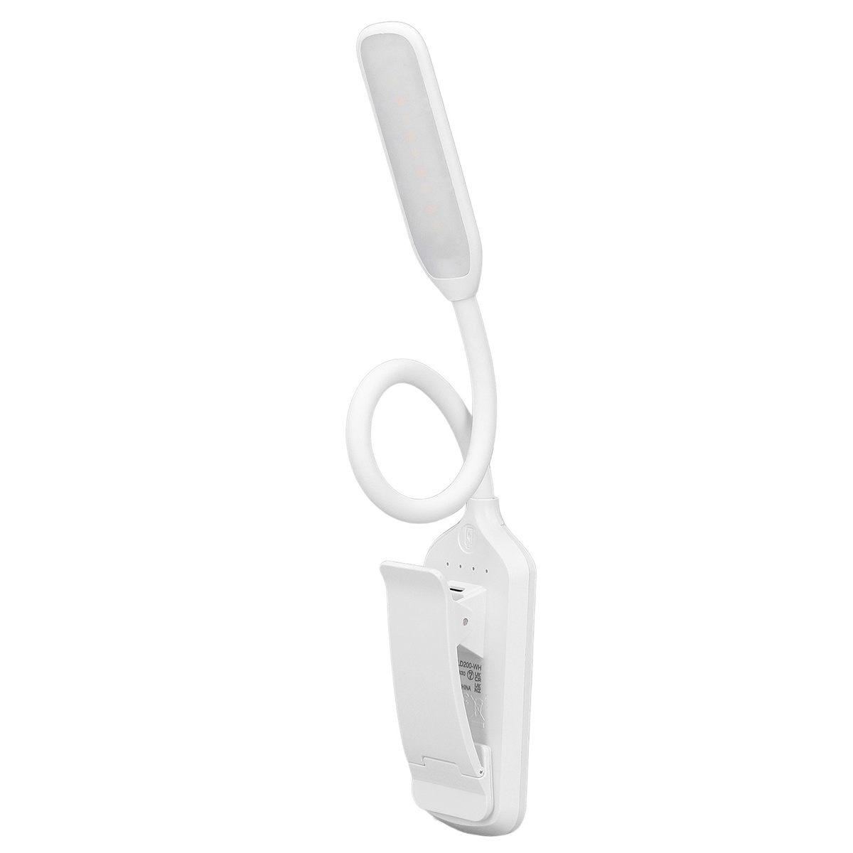 Weiße, flexible Schreibtischlampe. Sie hat einen Clip und ein Lichtpaneel mit LEDs.