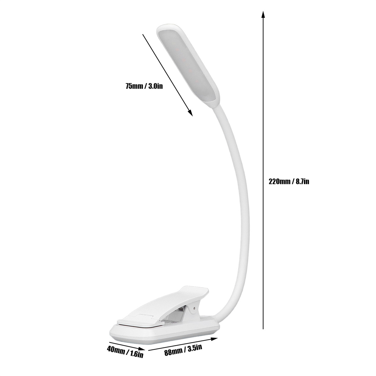 Weiße LED-Schreibtischlampe mit Clip. Sie ist flexibel und hat ein Licht am Ende.