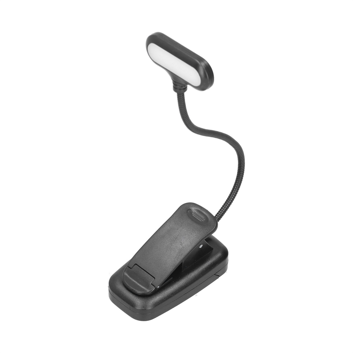 Schwarzes Leselicht mit flexiblem Hals und Clip. Das Licht ist weiß.