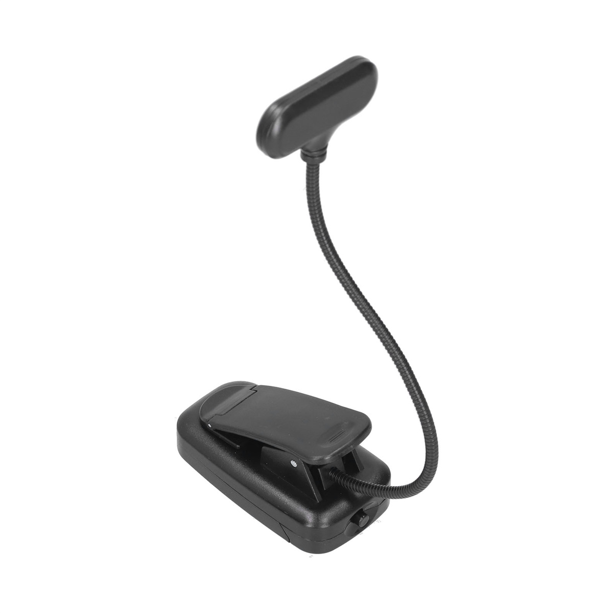 Eine schwarze, flexible Leselampe mit Clipfuß und verstellbarem Leuchtenkopf.