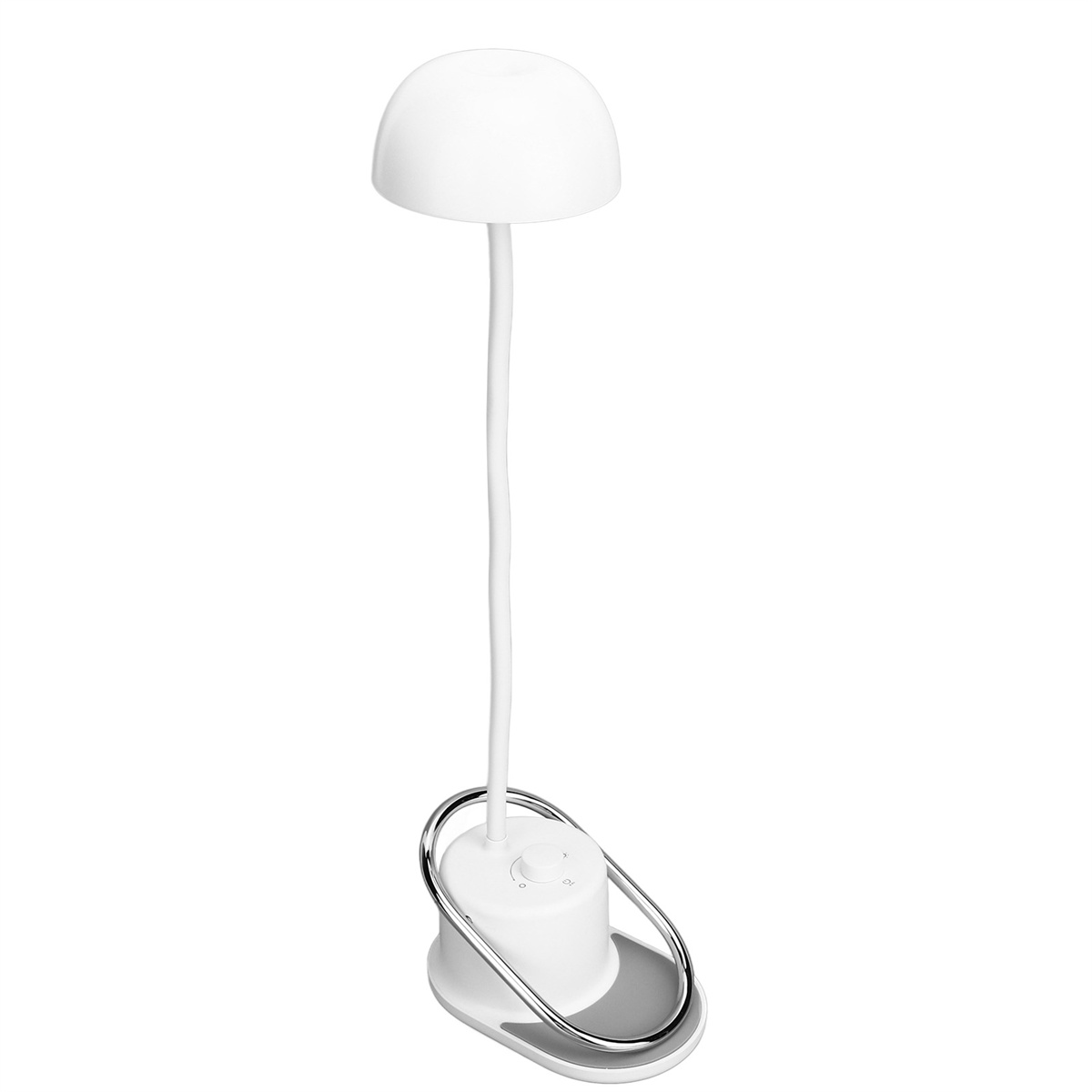 Weiße Schreibtischlampe mit gebogenem Stiel und rundem Fuß mit silbernem Ring.