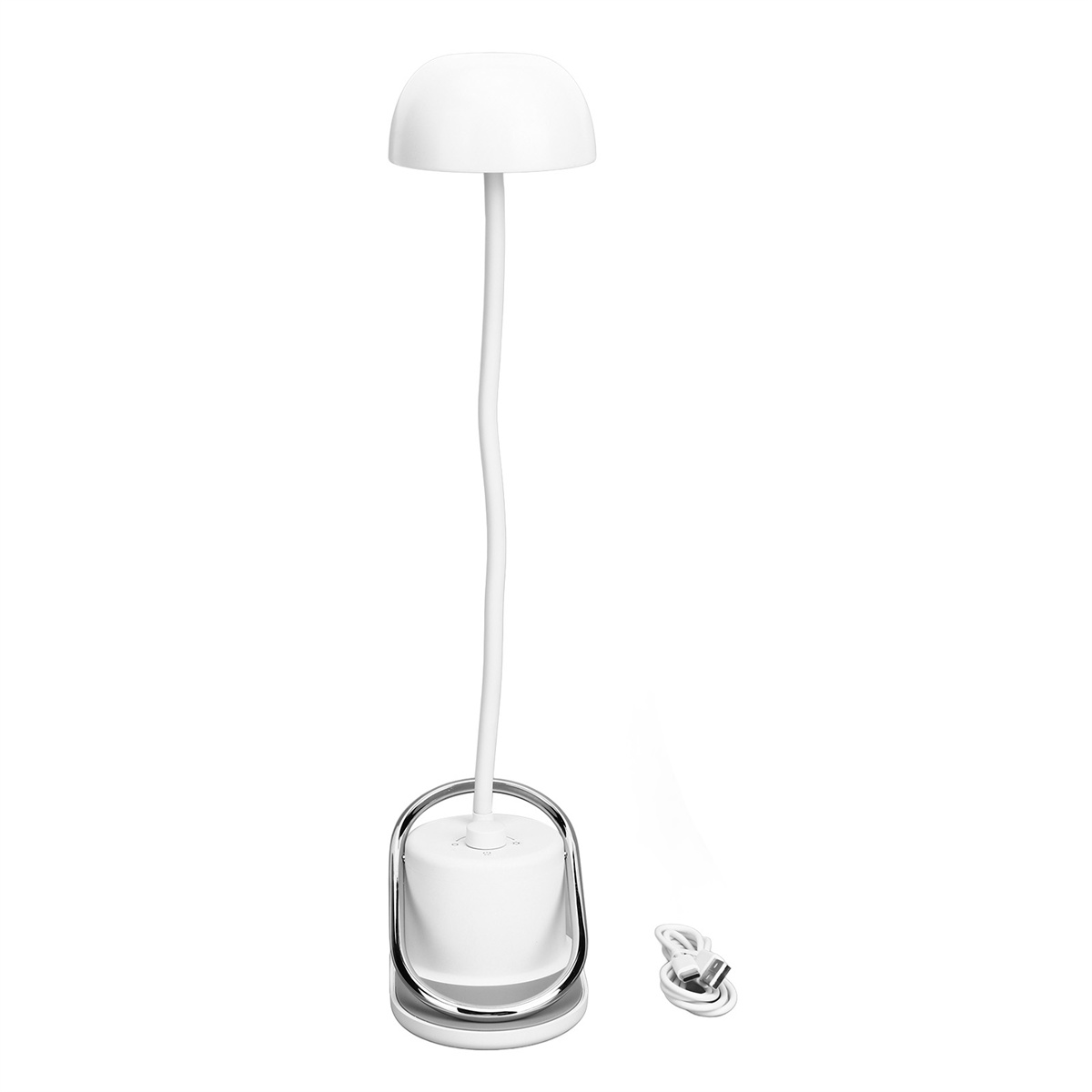 Weiße Tischlampe. Sie hat einen gebogenen Stiel und einen runden Sockel mit silbernem Ring.