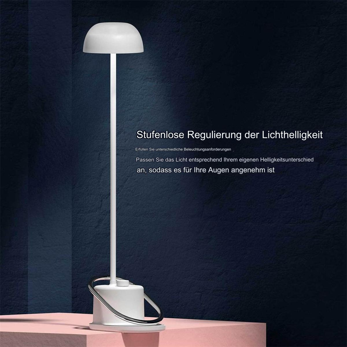 Weiße Stehlampe mit verstellbarem Licht auf einem rosa Ständer.