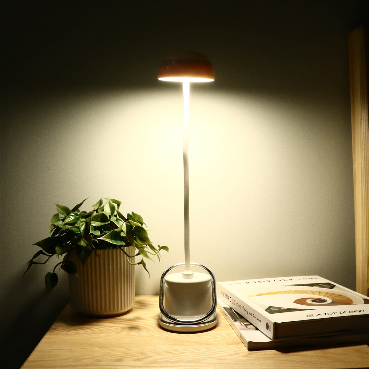 Tischlampe mit Buch und Pflanze. Warmes Licht und modernes Design. Dunkler Hintergrund.
