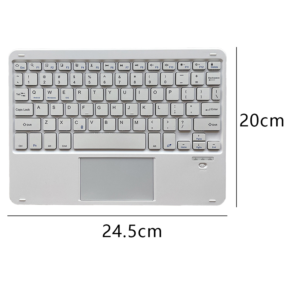 Weiße Tastatur mit Touchpad und Abmessungen. Auf weißer Oberfläche mit schwarzen Zahlen.