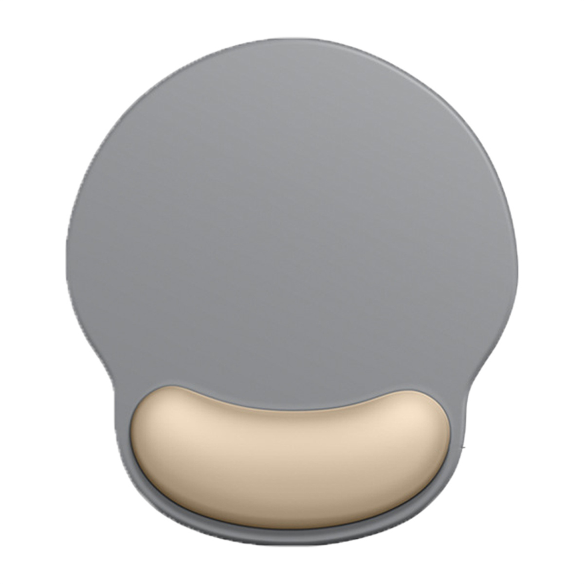Graues Mauspad mit beiger Handballenauflage. Die Handballenauflage ist oval geformt. Weißer Hintergrund.