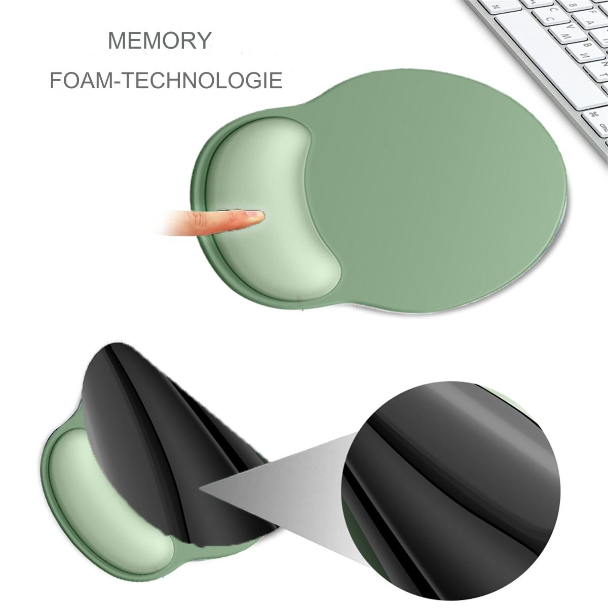 Ein grünes und schwarzes Memory-Foam-Mauspad mit einer Hand, die es berührt, und eine Nahaufnahme des Schaums.
