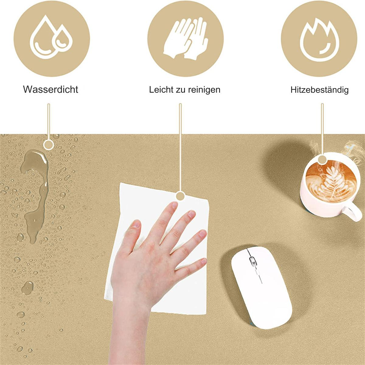 Ein beiges Mousepad mit Wassertropfen, einer Hand, die es abwischt, und einer Tasse Kaffee. Symbole zeigen wasserdicht, leicht zu reinigen.