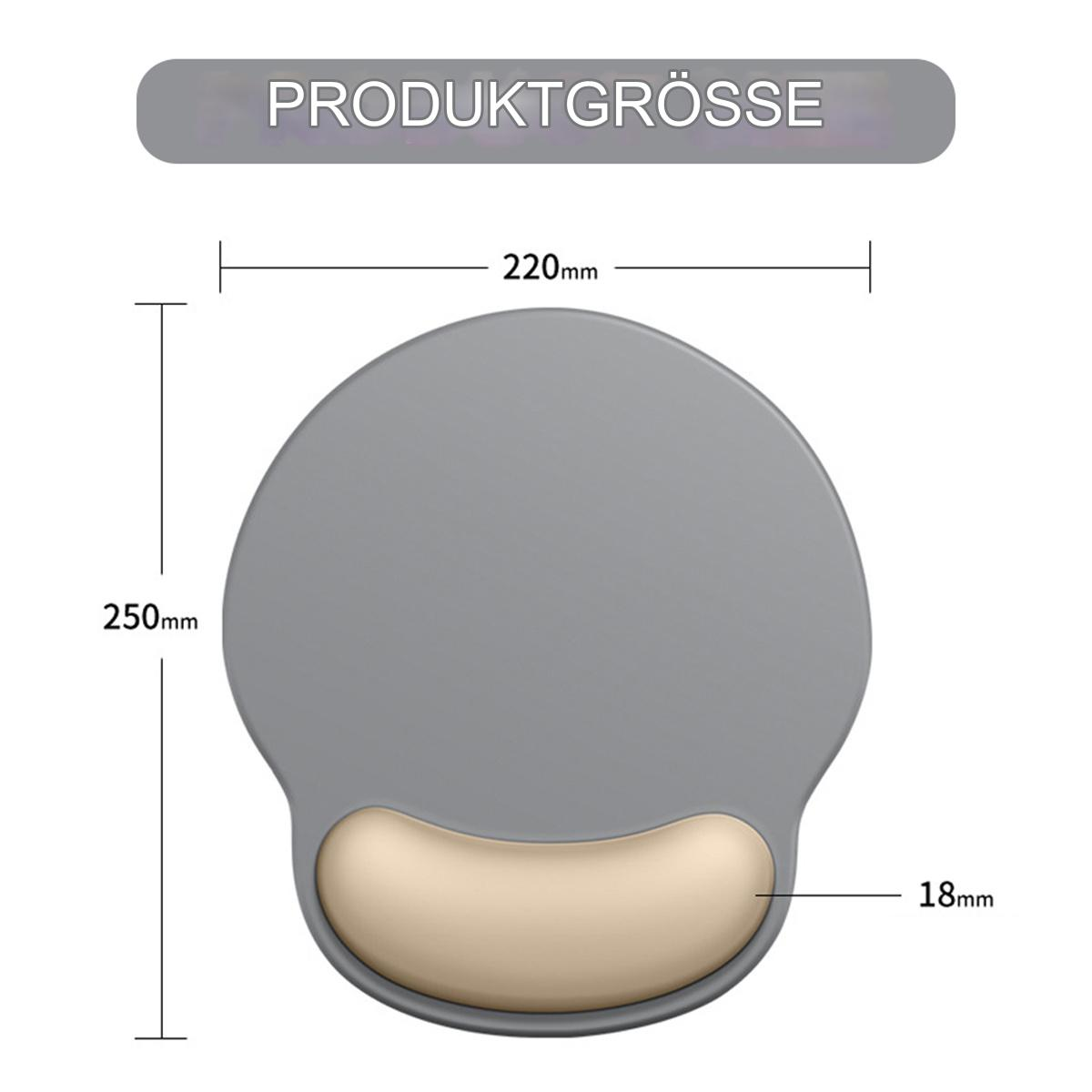 Graues Mauspad mit beiger Handballenauflage, mit angegebenen Abmessungen auf dem Bild.