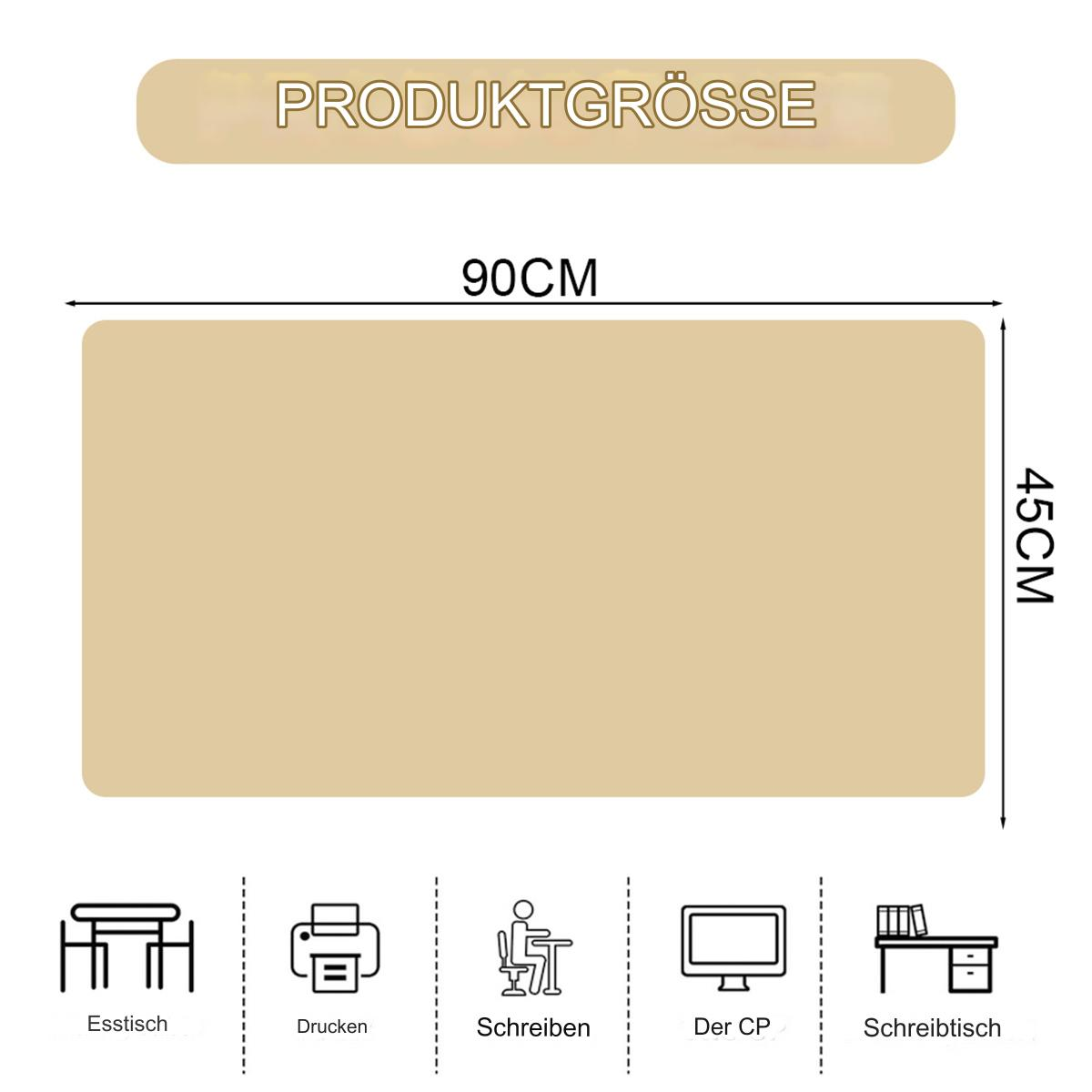 Eine beige Schreibtischunterlage mit Abmessungen und Symbolen für Tisch, Drucker, Schreiben, Computer und Schreibtisch.