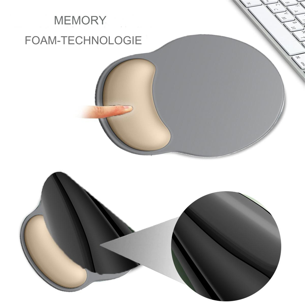 Ein graues Mauspad mit einem beige gepolsterten Bereich. Ein Finger berührt das Pad. Zwei Querschnitte zeigen Polsterdetails.