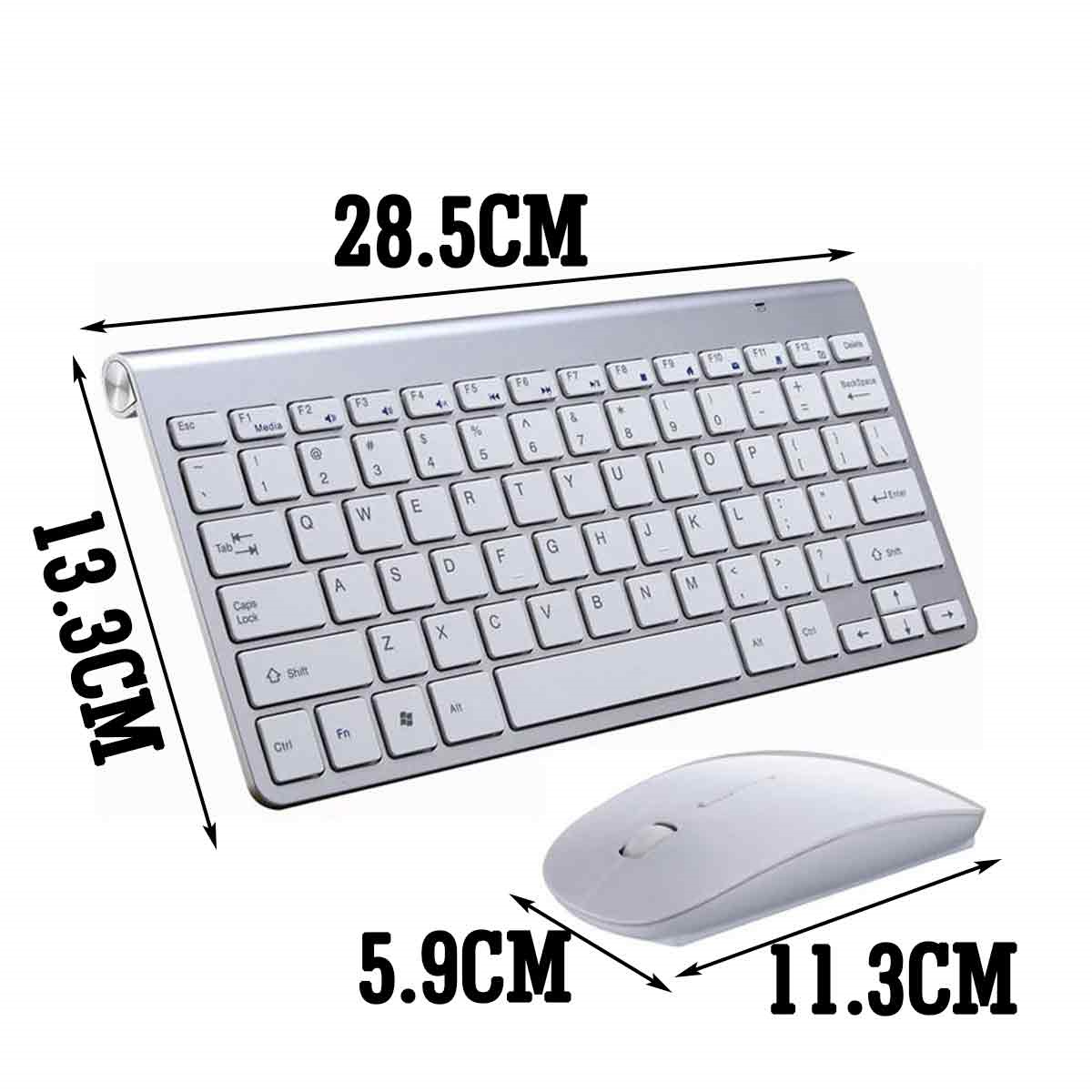 Kleine silberne Tastatur mit Maus, beide mit Abmessungen.