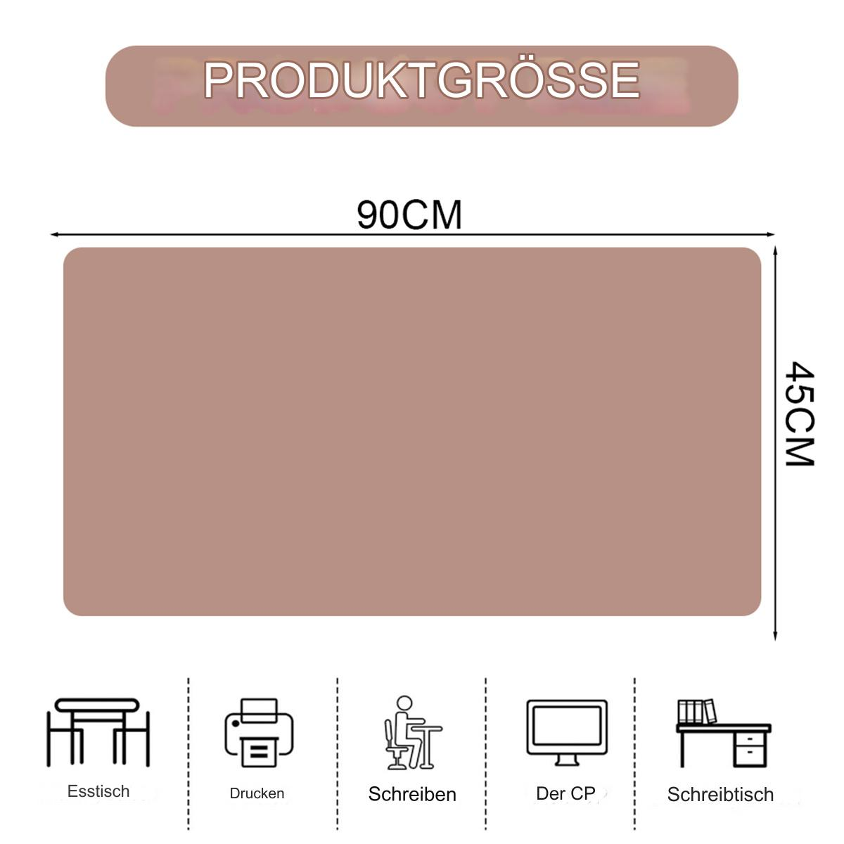 Eine braune Schreibtischunterlage mit Maßen und Symbolen, darunter ein Tisch und ein Drucker.