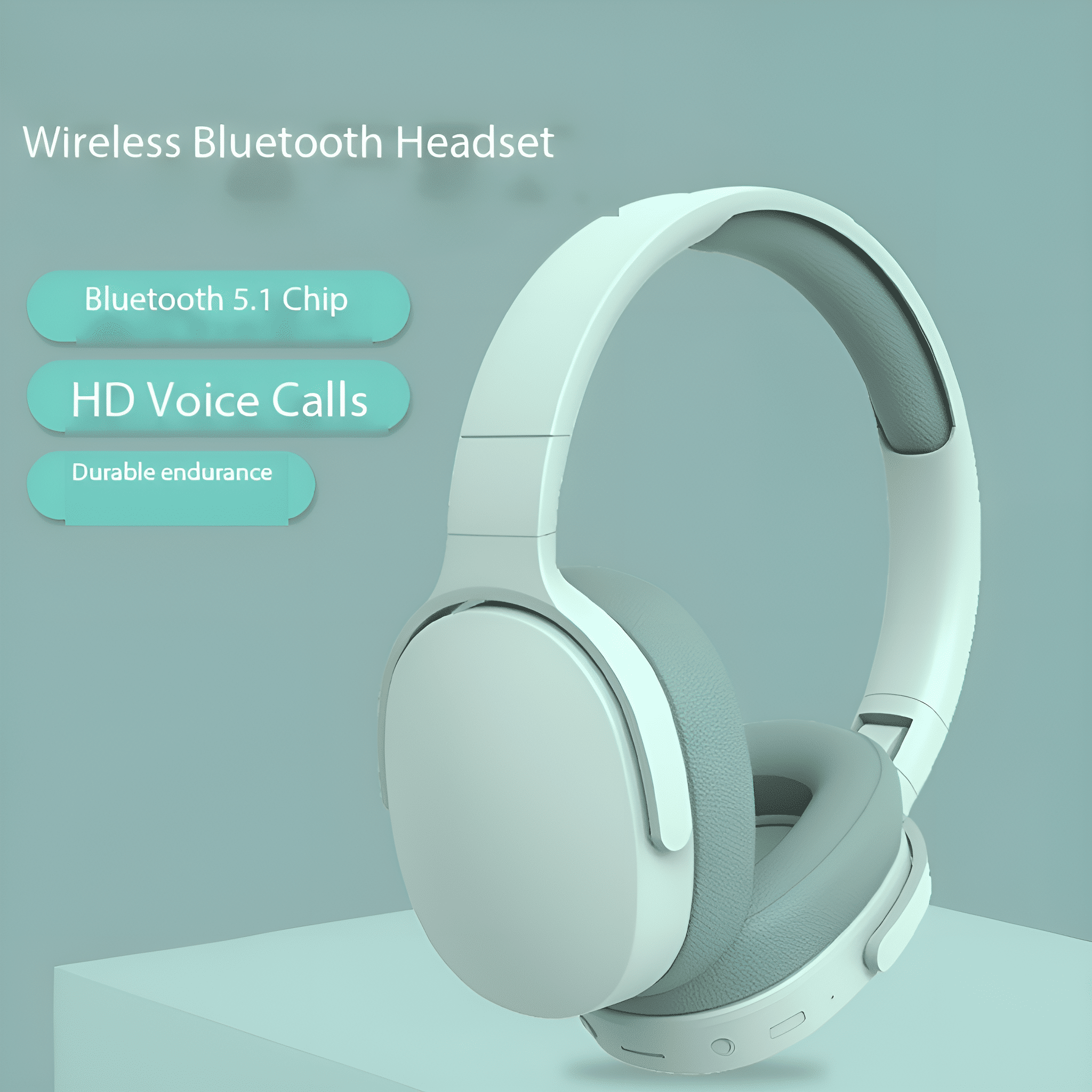 Weiße kabellose Kopfhörer mit grauen Ohrmuscheln, Text: Bluetooth 5.1 Chip, HD-Sprachanrufe und lange Ausdauer.
