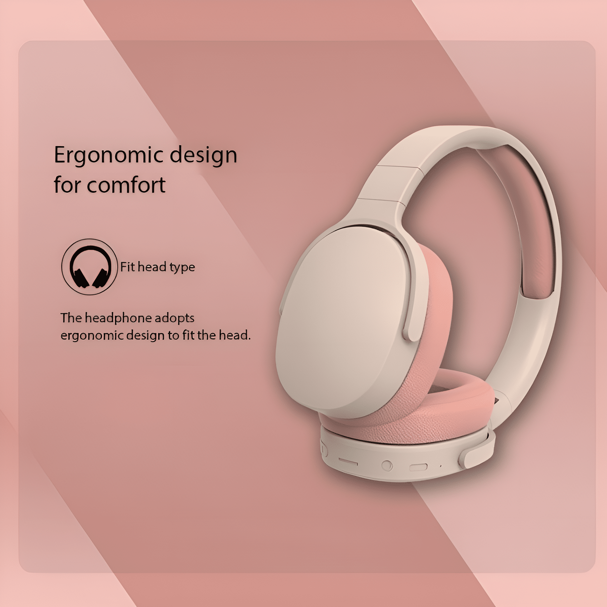 Weiße und rosa Kopfhörer mit Text über ergonomisches Design für Komfort.