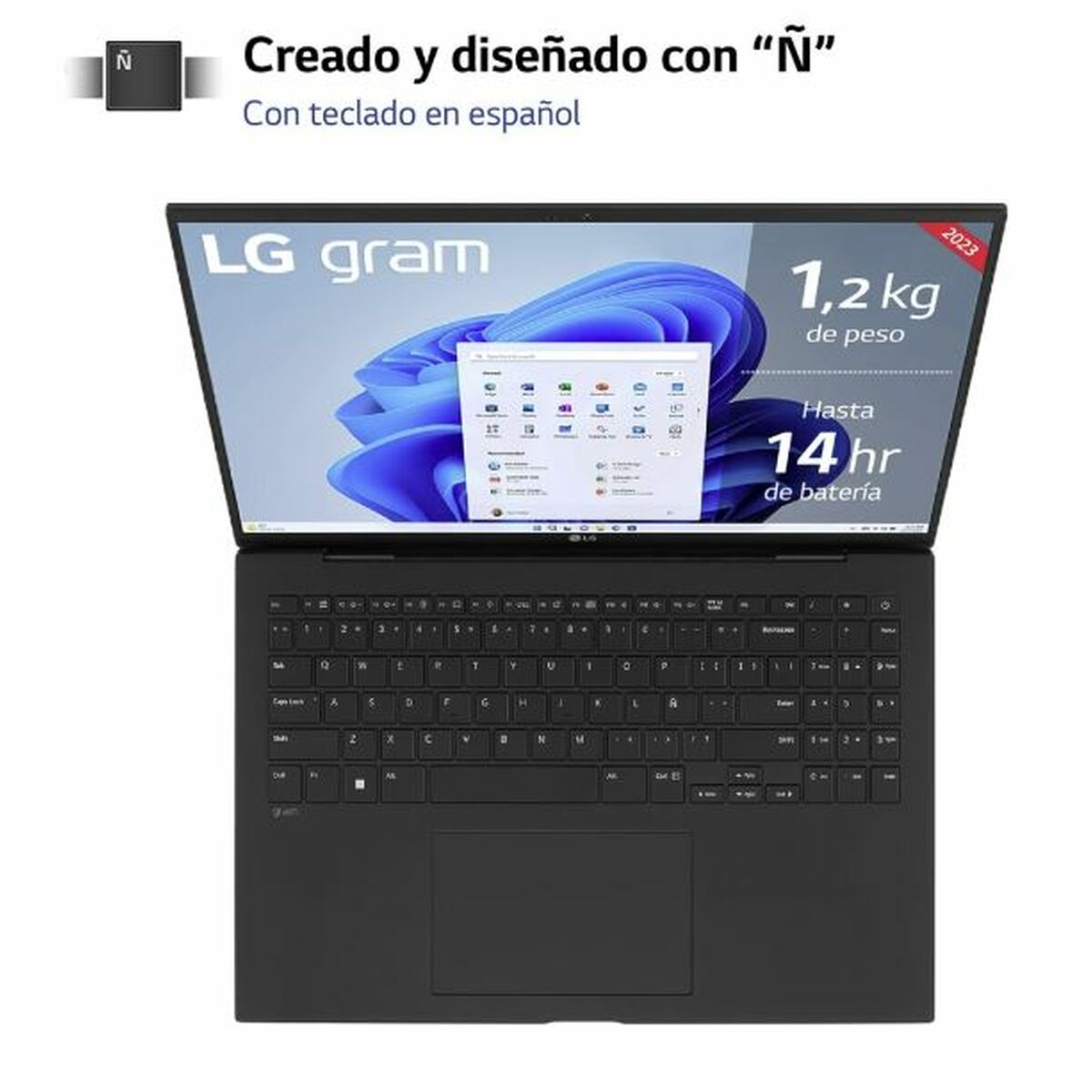 Portátil LG gram negro abierto, mostrando teclado y pantalla. Texto en español arriba.