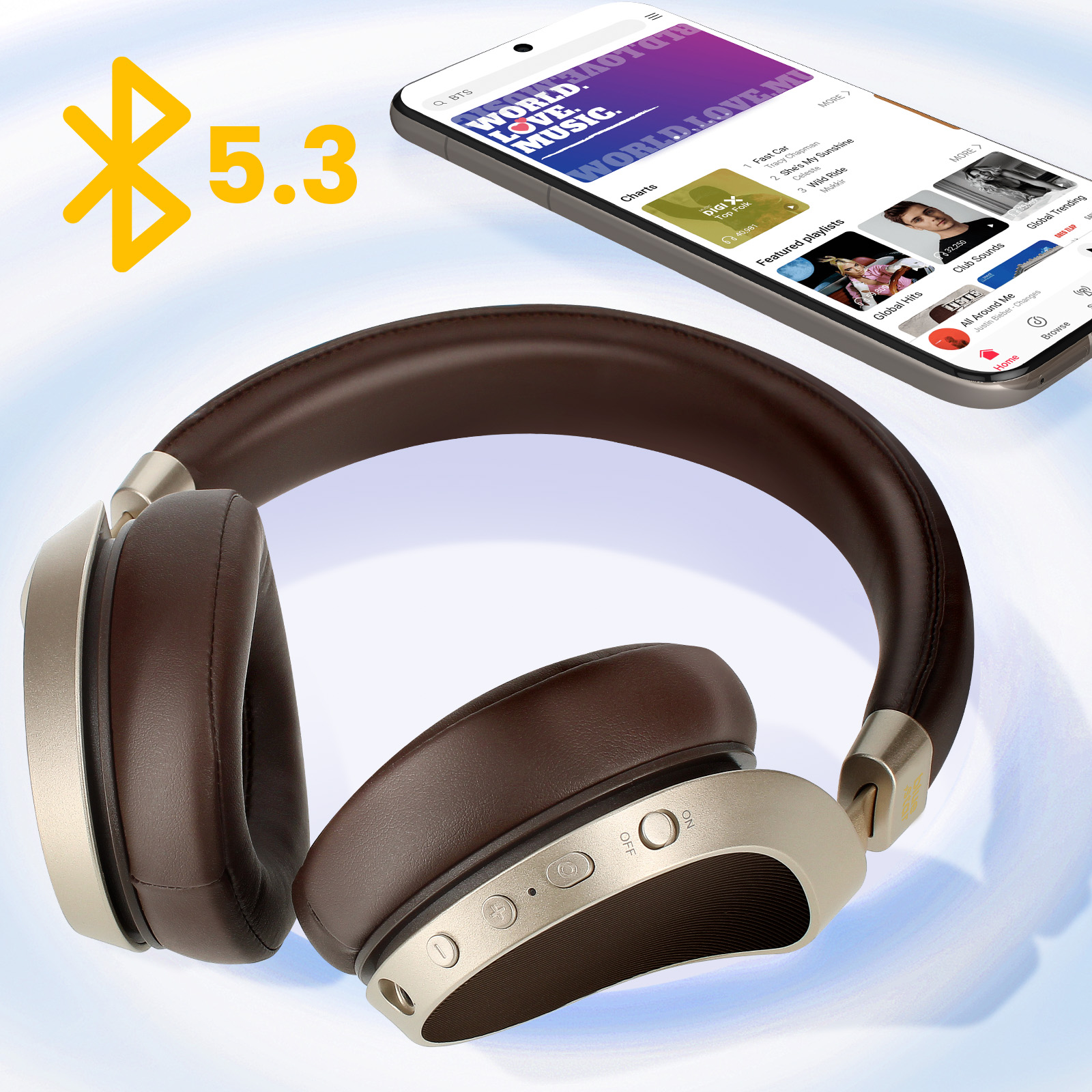 Cuffie over-ear con padiglioni marroni e un telefono che mostra un'app musicale, Bluetooth 5.3.