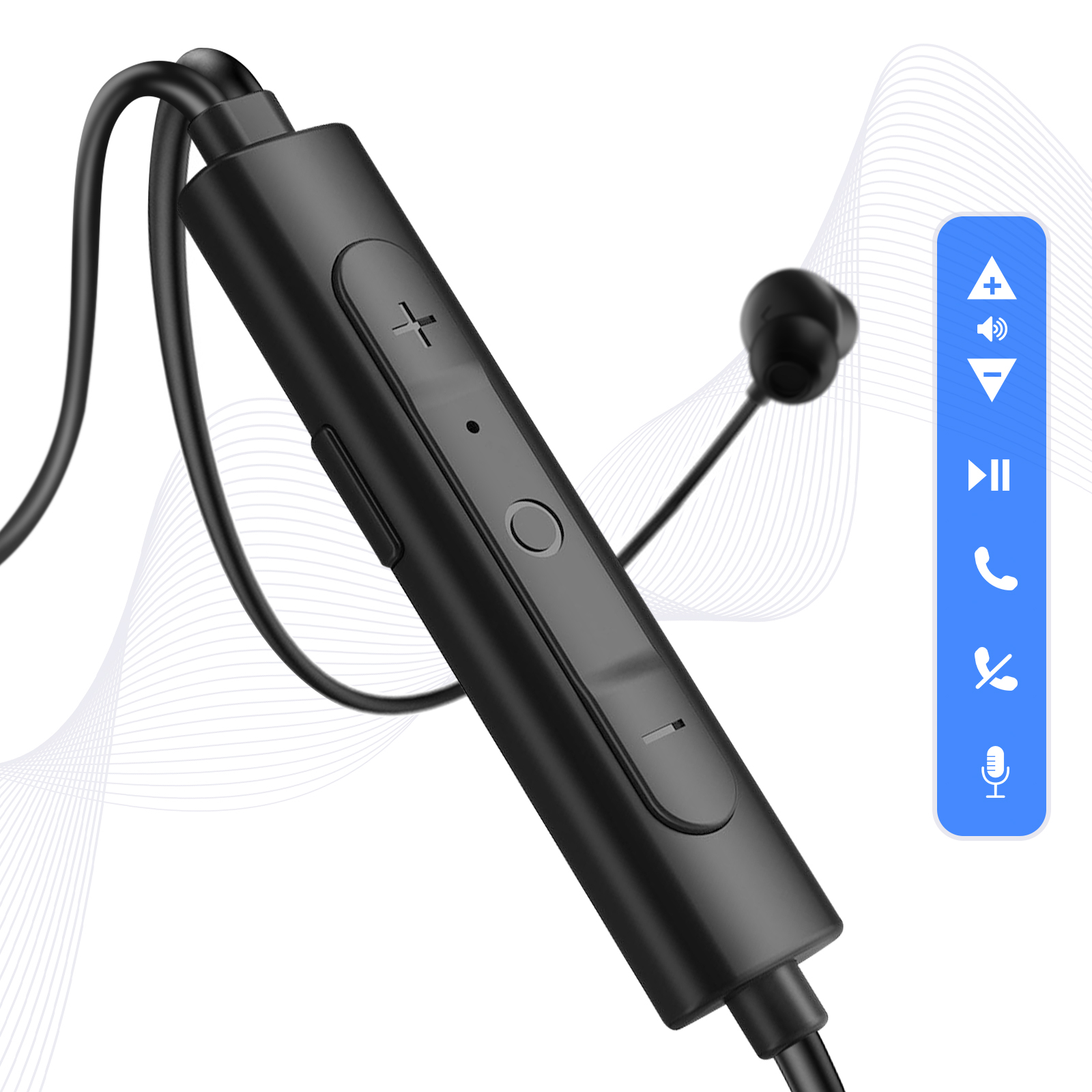 Auriculares internos negros con un módulo de control con botones e iconos sobre fondo azul.