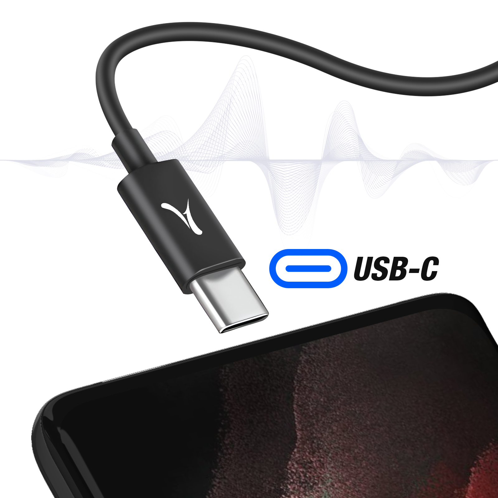 Cable y conector USB-C negros apuntando hacia un teléfono inteligente negro.