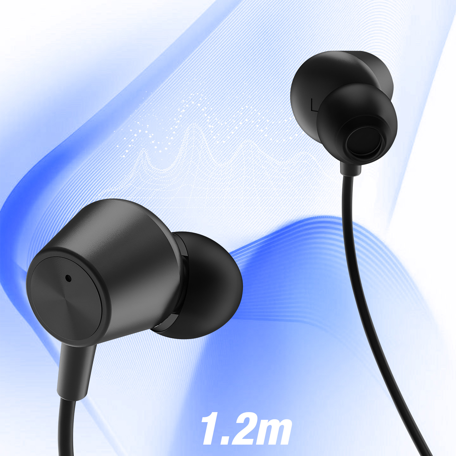 Auriculares negros con cable de 1,2 m, sobre un fondo degradado azul y blanco.