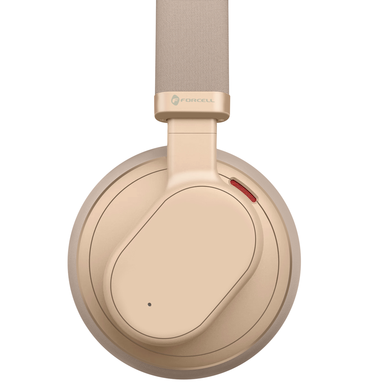 Beige Kopfhörer mit Mikrofon und roter Betriebsanzeige.
