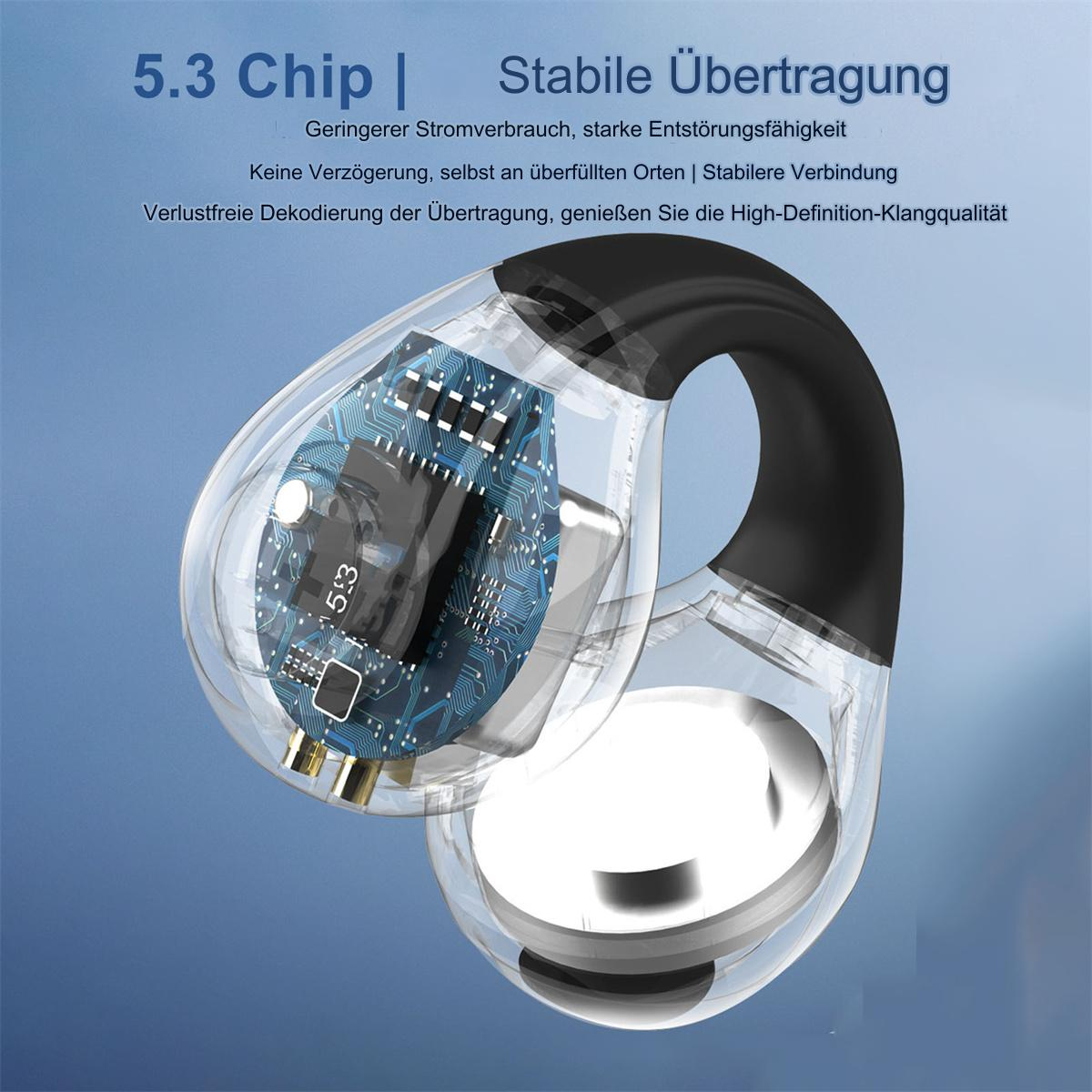 Nahaufnahme eines transparenten Ohrhörers mit Leiterplatte und Batterie.