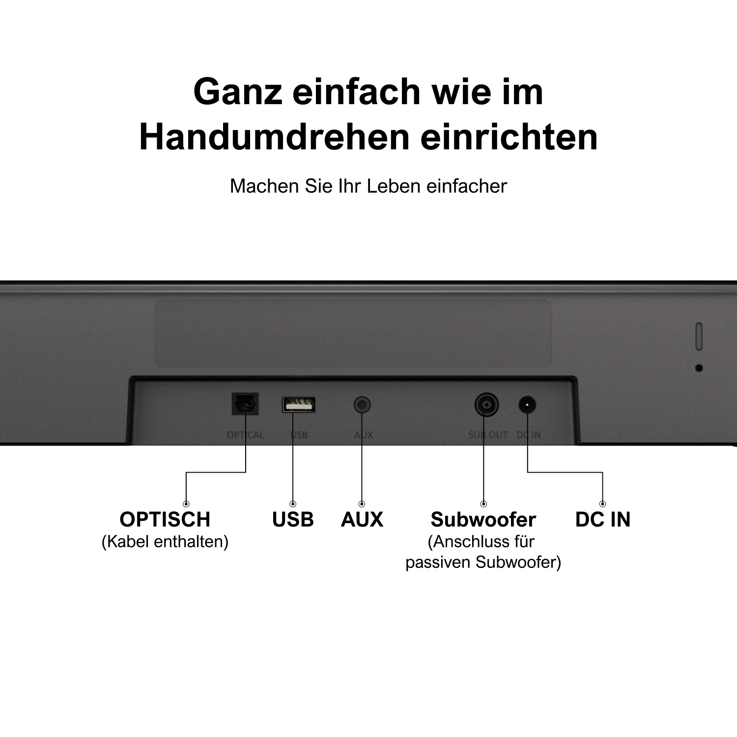 Nahaufnahme der Soundbar-Eingänge: optisch, USB, AUX, Subwoofer und DC IN.