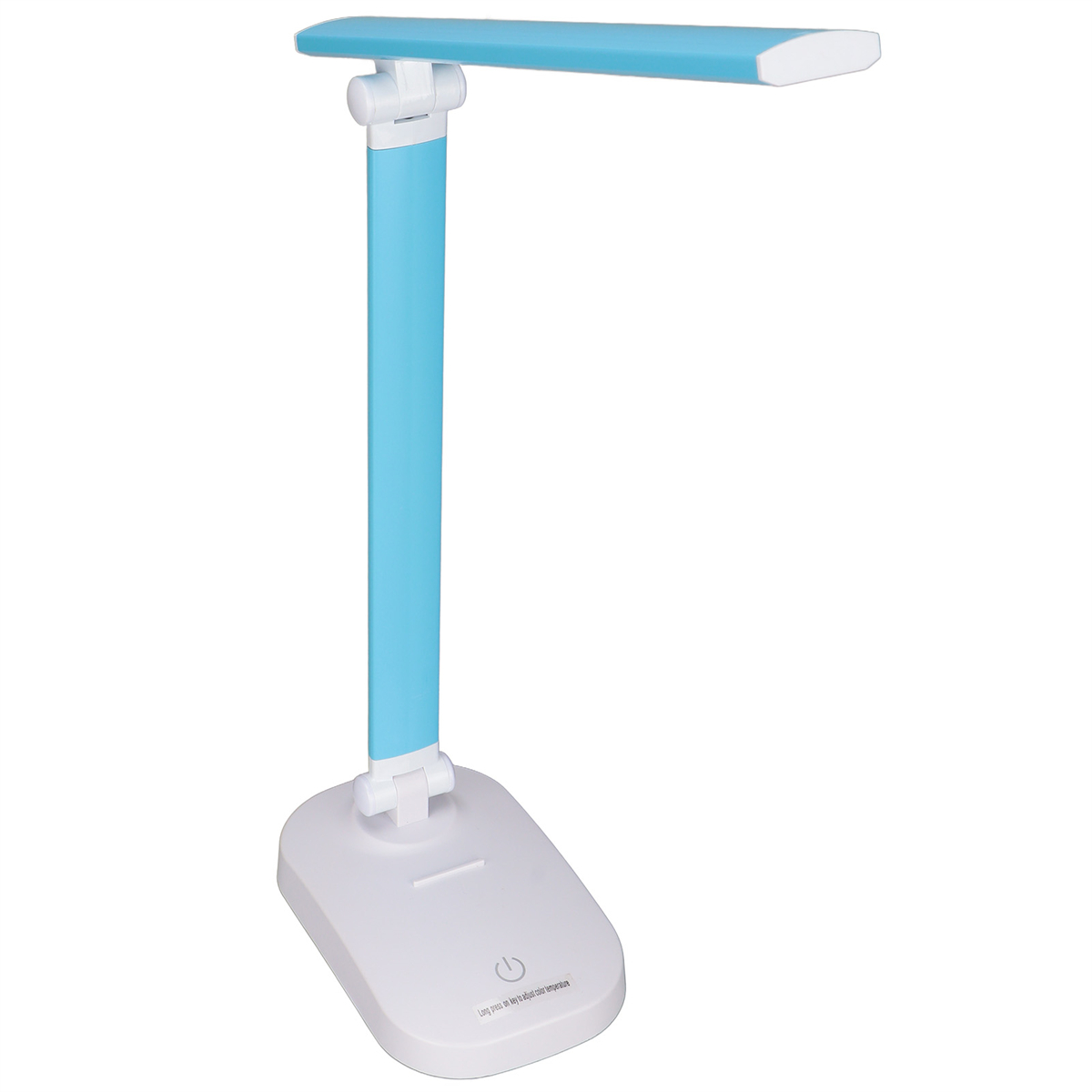 Eine blau-weiße Schreibtischlampe. Sie hat ein rechteckiges Licht und einen Sockel mit einem Ein-Aus-Schalter.