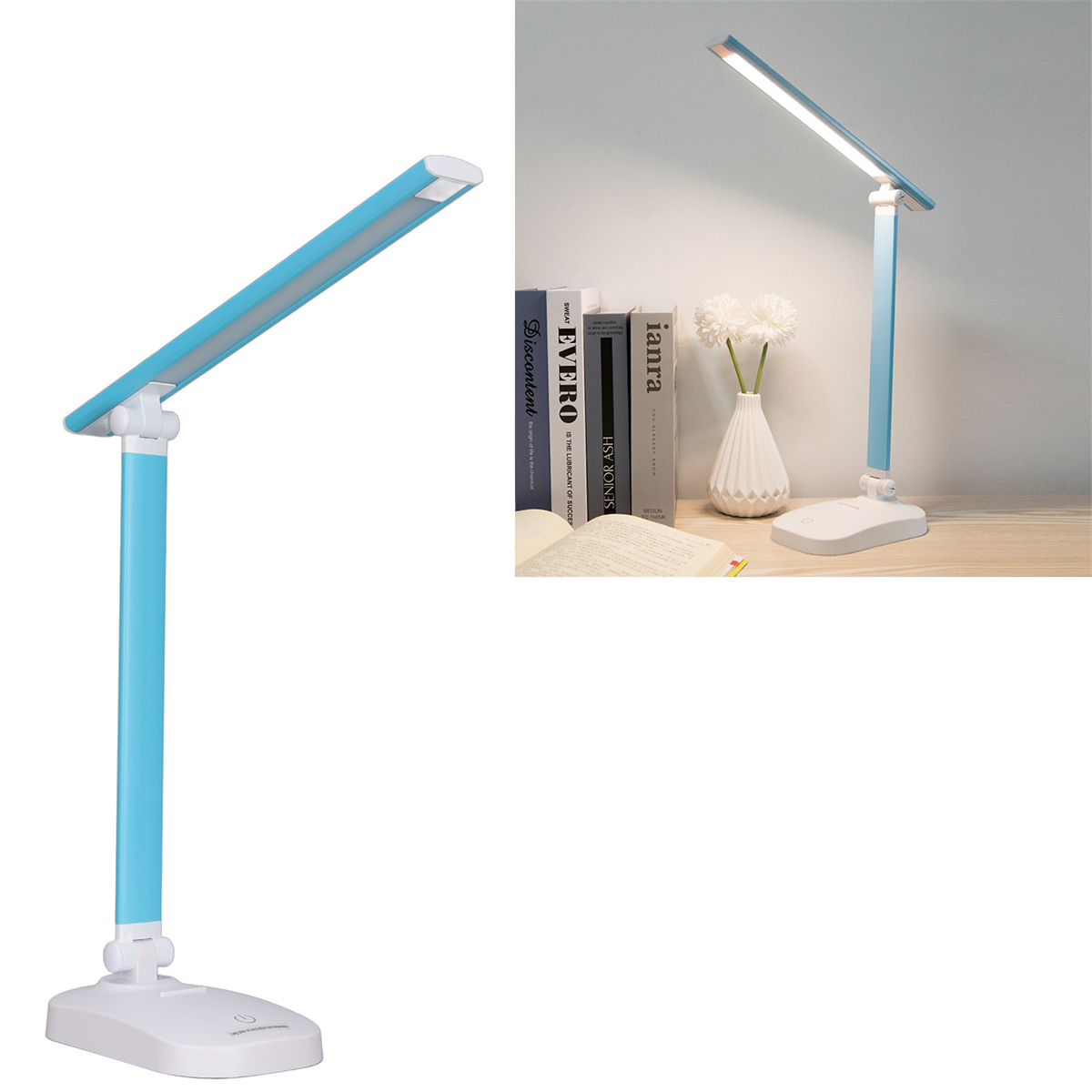 Blau-weiße Schreibtischlampe mit rechteckigem Lichtpanel, Büchern und einer Vase im Hintergrund.