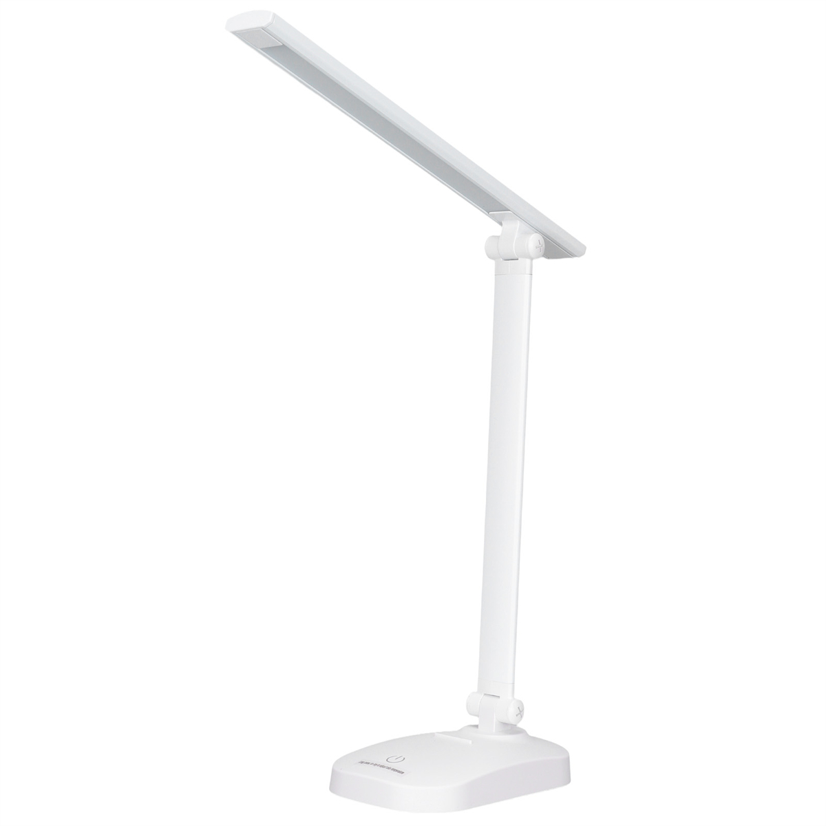 Weiße LED-Schreibtischlampe mit rechteckigem Kopf und verstellbarem Arm, vor weißem Hintergrund.