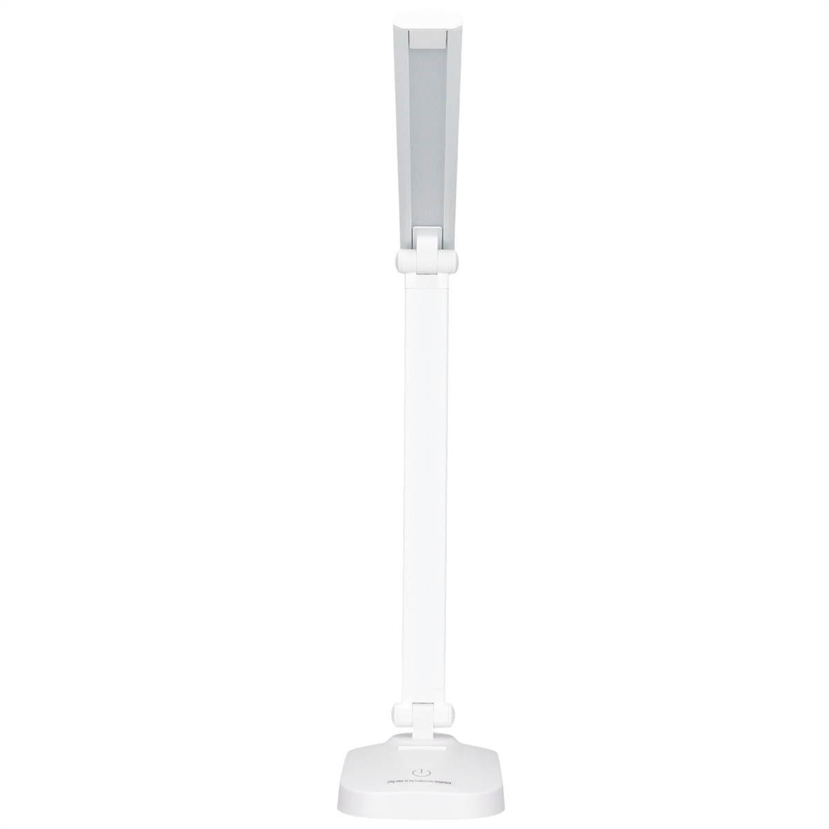 Eine weiße, verstellbare Schreibtischlampe mit rechteckigem Lampenkopf und rundem Sockel.
