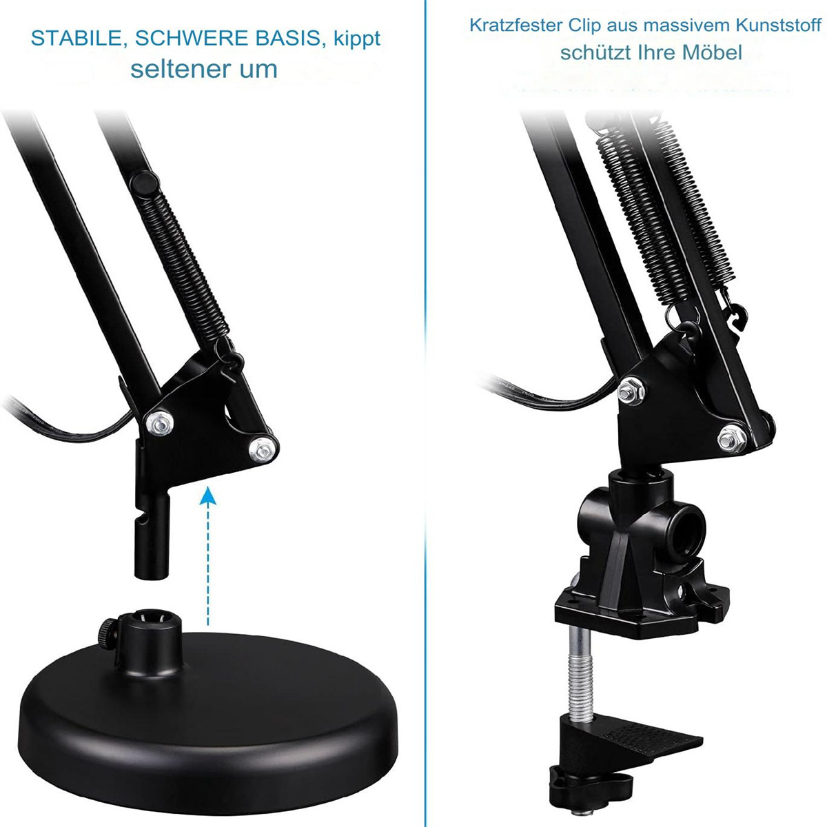 Zwei Bilder, die eine schwarze Schreibtischlampe mit schwerem Fuß und einer Klemme zur Befestigung zeigen.