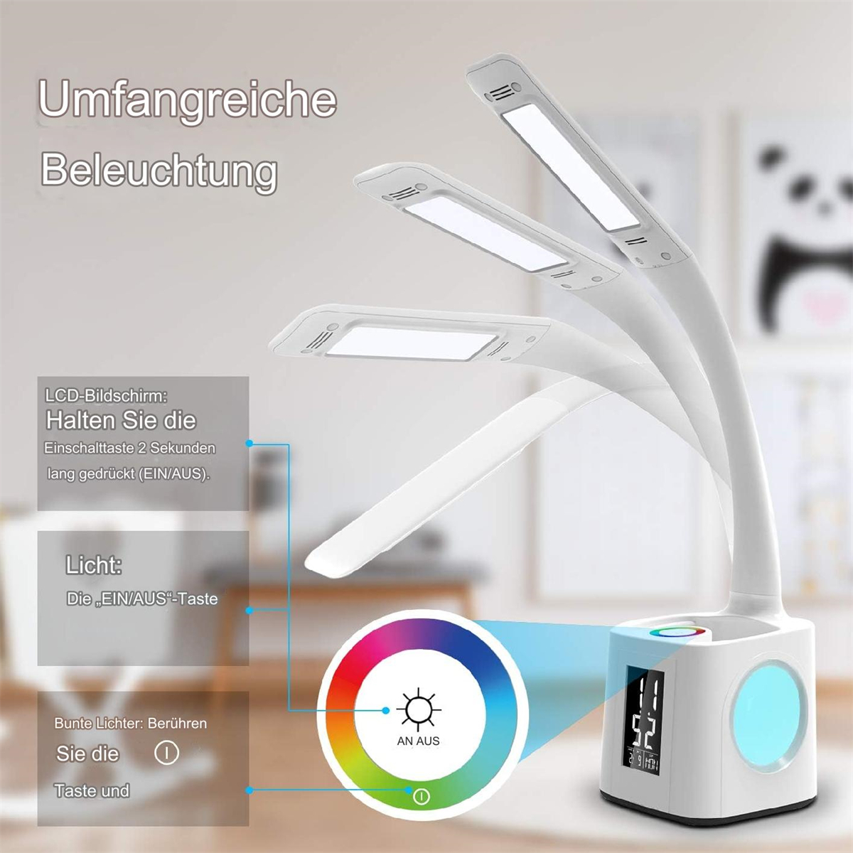 Weiße Schreibtischlampe mit drei verstellbaren Lichtern, einem Farbrad und einer Digitalanzeige.