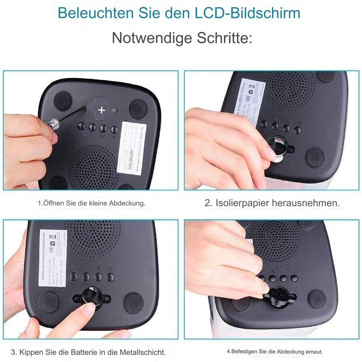 Schritte zum Batteriewechsel in einem Gerät. Hände arbeiten.