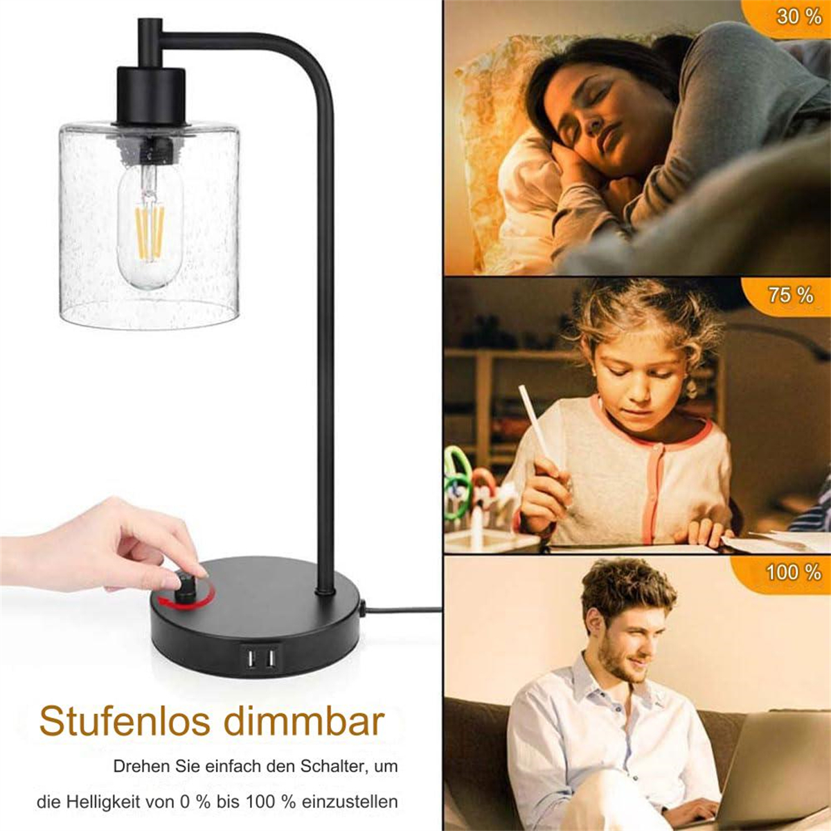 Eine schwarze Schreibtischlampe, Person stellt Dimmer ein. Drei Szenarien mit verschiedenen Helligkeiten.