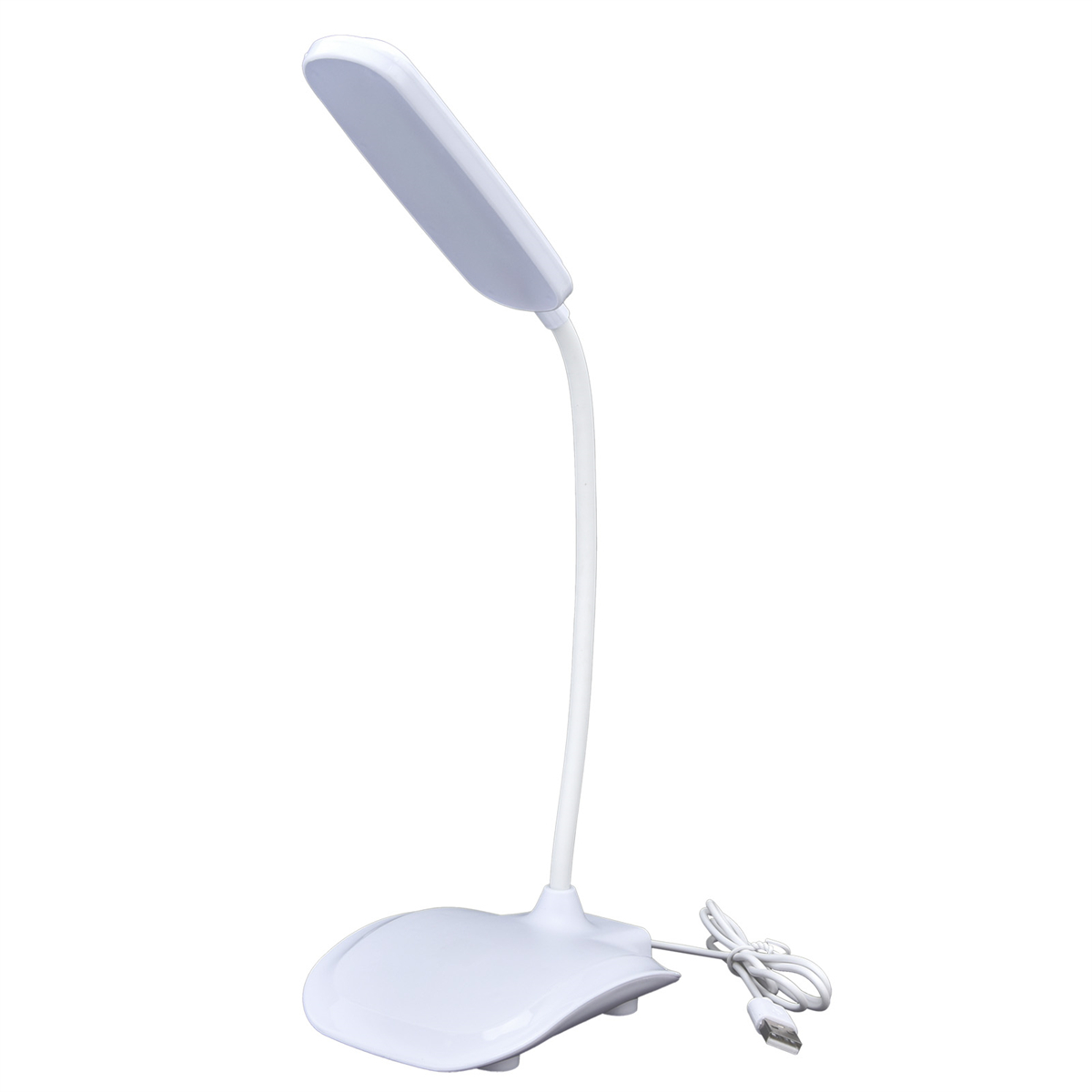 Eine weiße Schreibtischlampe. Sie hat einen flexiblen Hals und einen rechteckigen Leuchtkopf. Es gibt ein USB-Kabel.