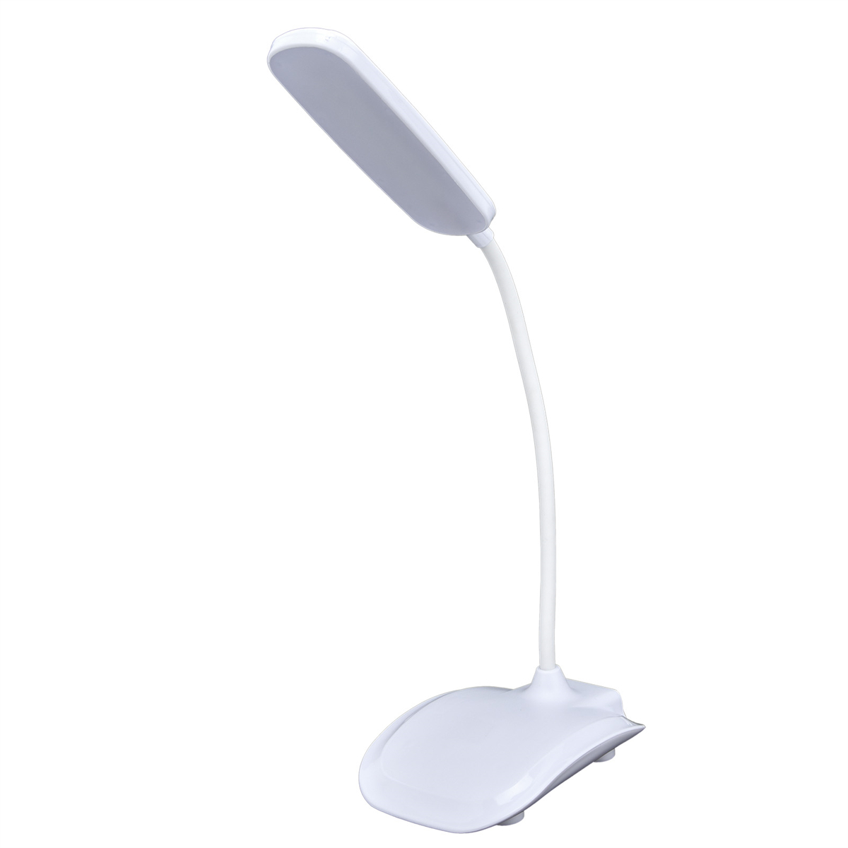Weiße Schreibtischlampe mit gebogenem, flexiblem Hals und rechteckigem Leuchtkopf.