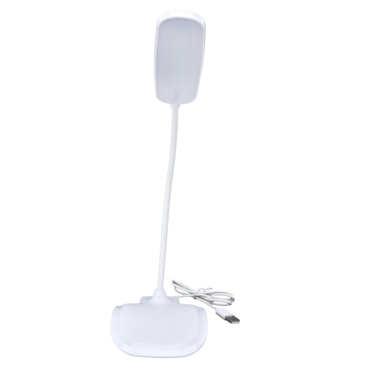 Weiße Schreibtischlampe mit langem, flexiblem Hals und USB-Kabel.