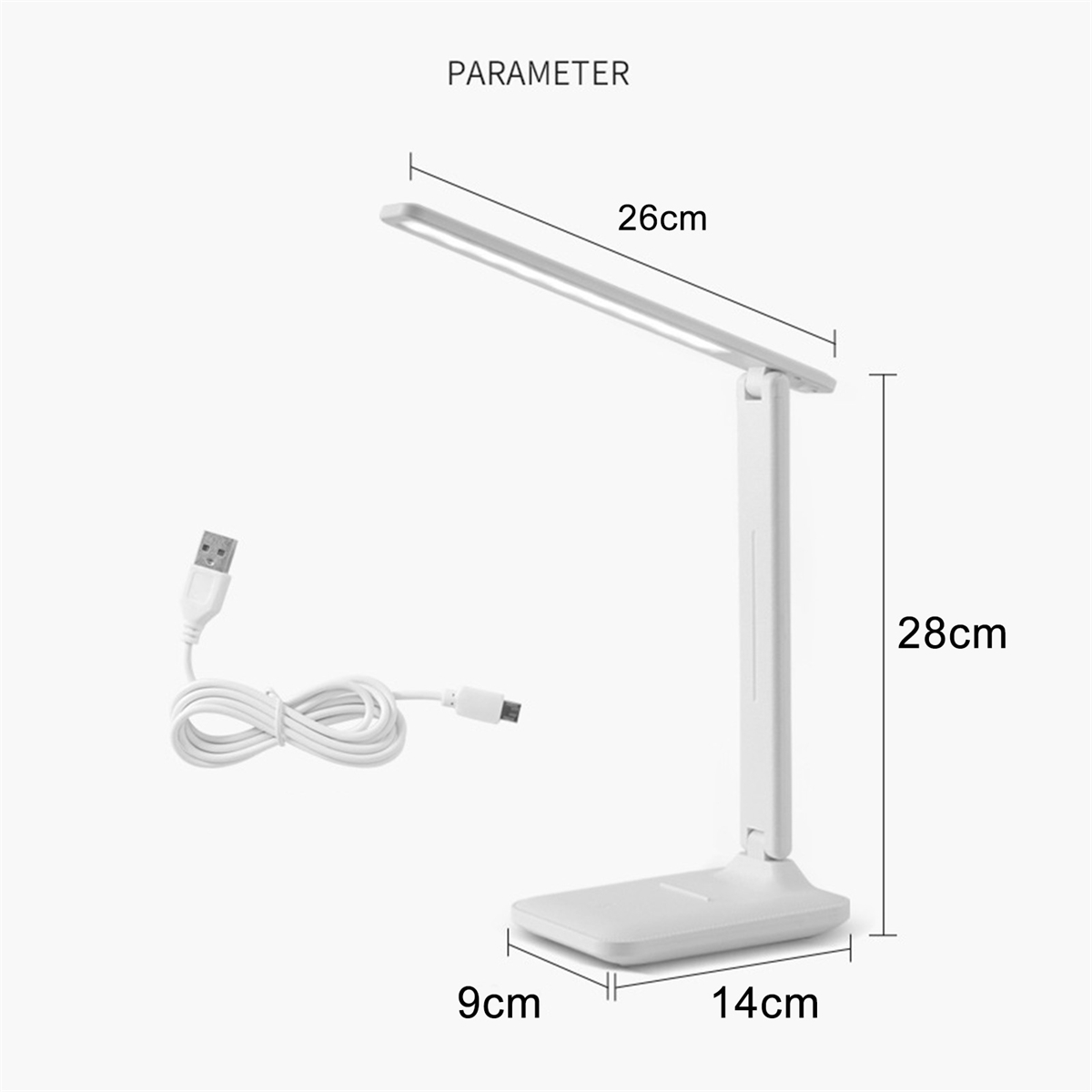 Eine weiße Schreibtischlampe mit einem langen Lichtbalken. Die Abmessungen sind angegeben: 26 cm langer Balken, 28 cm hoch und 14 cm Sockel.