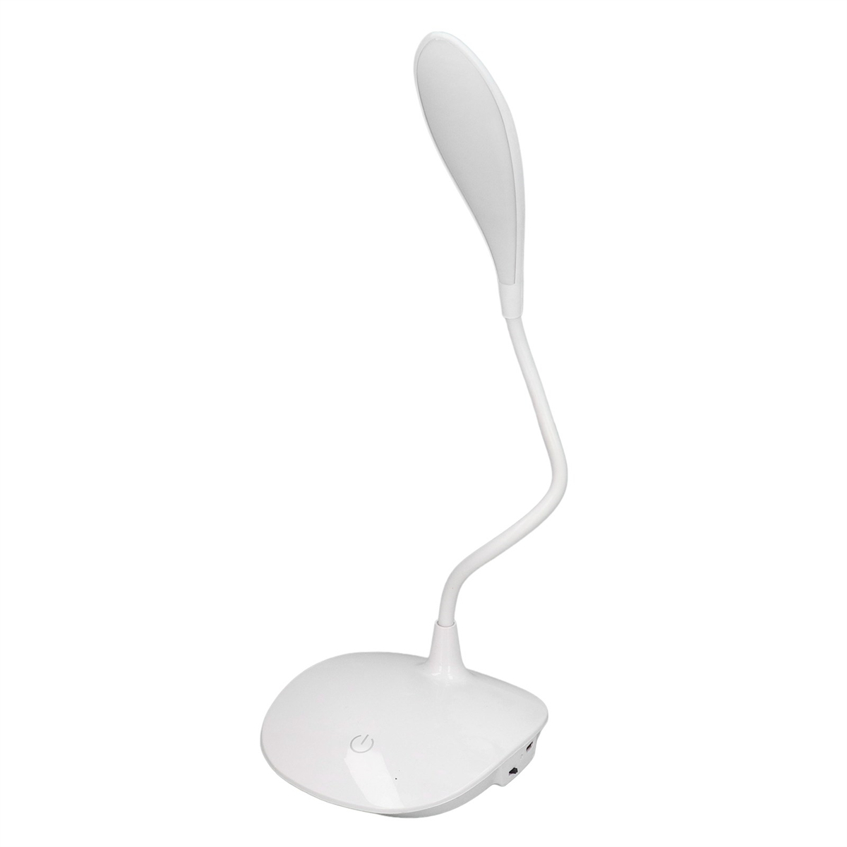 Weiße Schreibtischlampe mit gebogenem Hals und rundem Fuß, ein Ein-Aus-Schalter ist sichtbar.