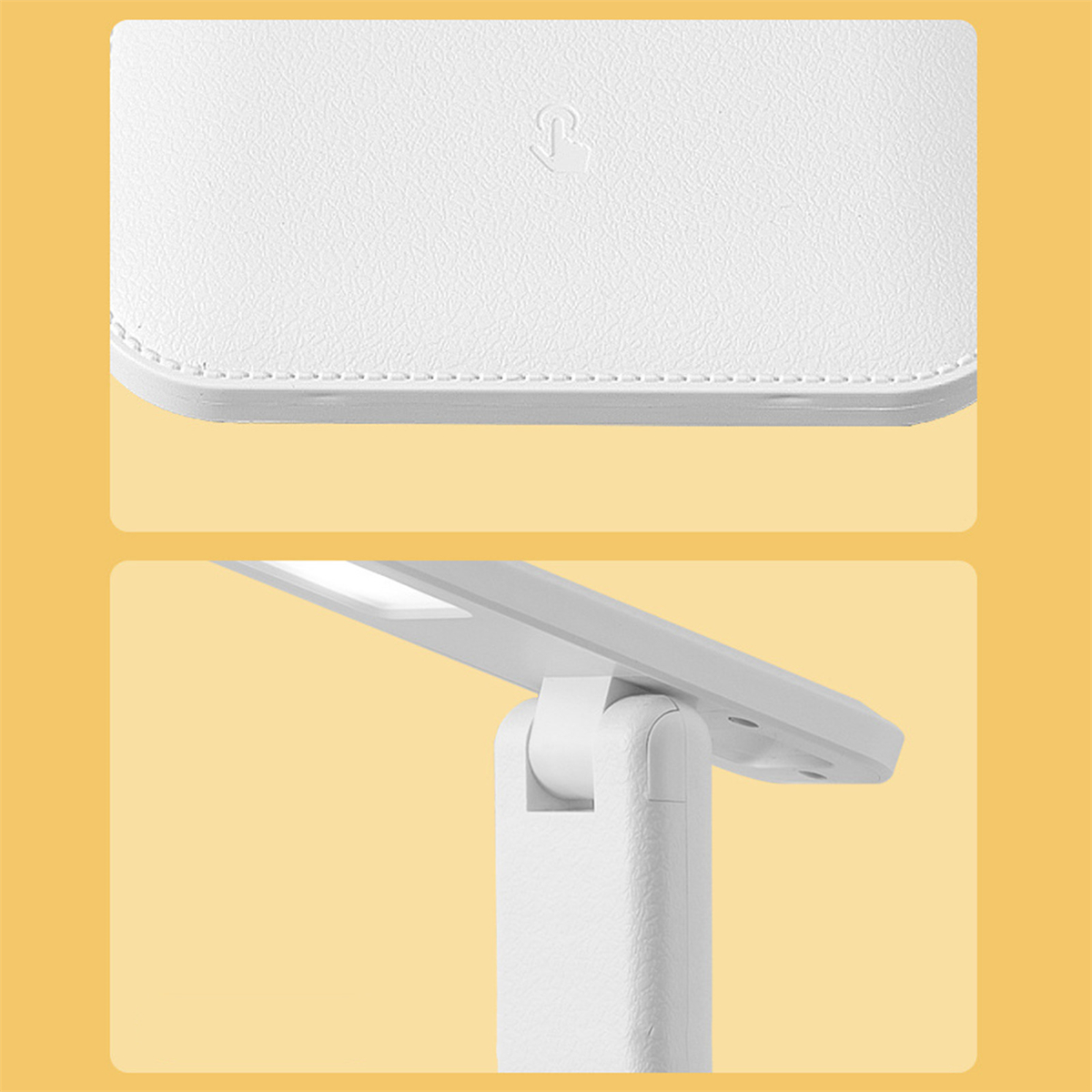 Zweiteiliges Bild. Oben: weißes Pad mit Logo. Unten: weiße Schreibtischlampe mit rechteckigem Licht.