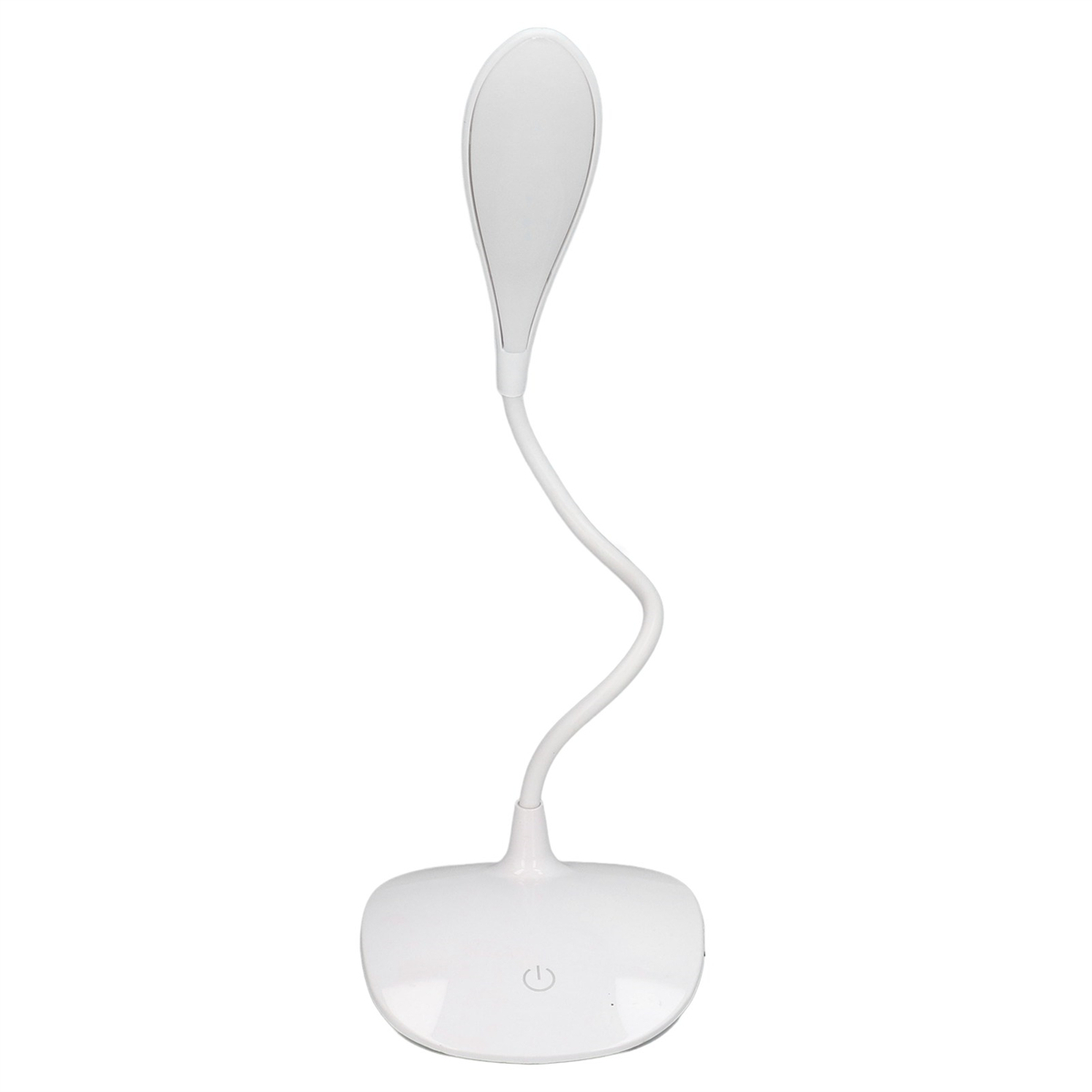 Weiße, gebogene Schreibtischlampe auf weißem Hintergrund.