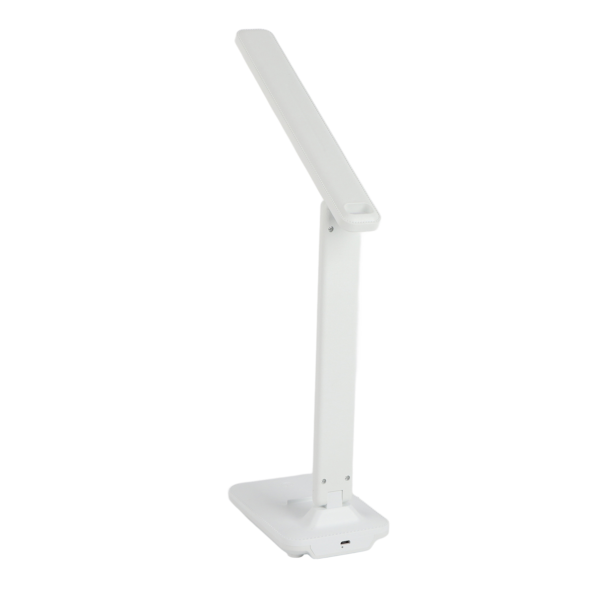 Weiße Schreibtischlampe mit verstellbarem Kopf und rechteckiger Basis.