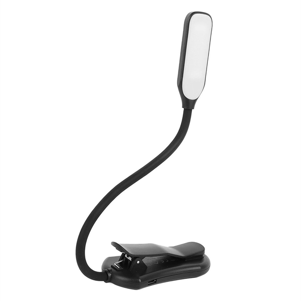 Schwarzes Leselicht an einem flexiblen Arm mit Clipfuß.