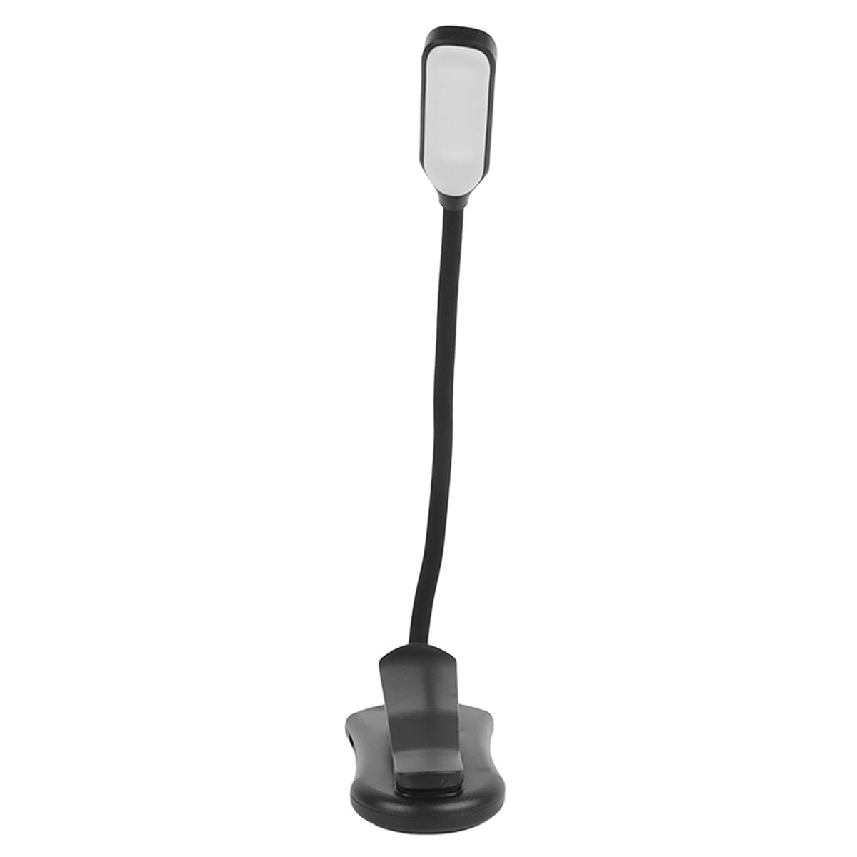 Eine schwarze Leseleuchte zum Anklemmen mit flexiblem Hals und weißem Licht.