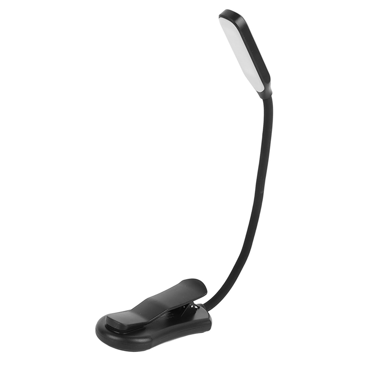 Schwarze, ansteckbare LED-Leselampe. Die Lampe hat einen flexiblen Hals und ein weißes Lichtpanel.