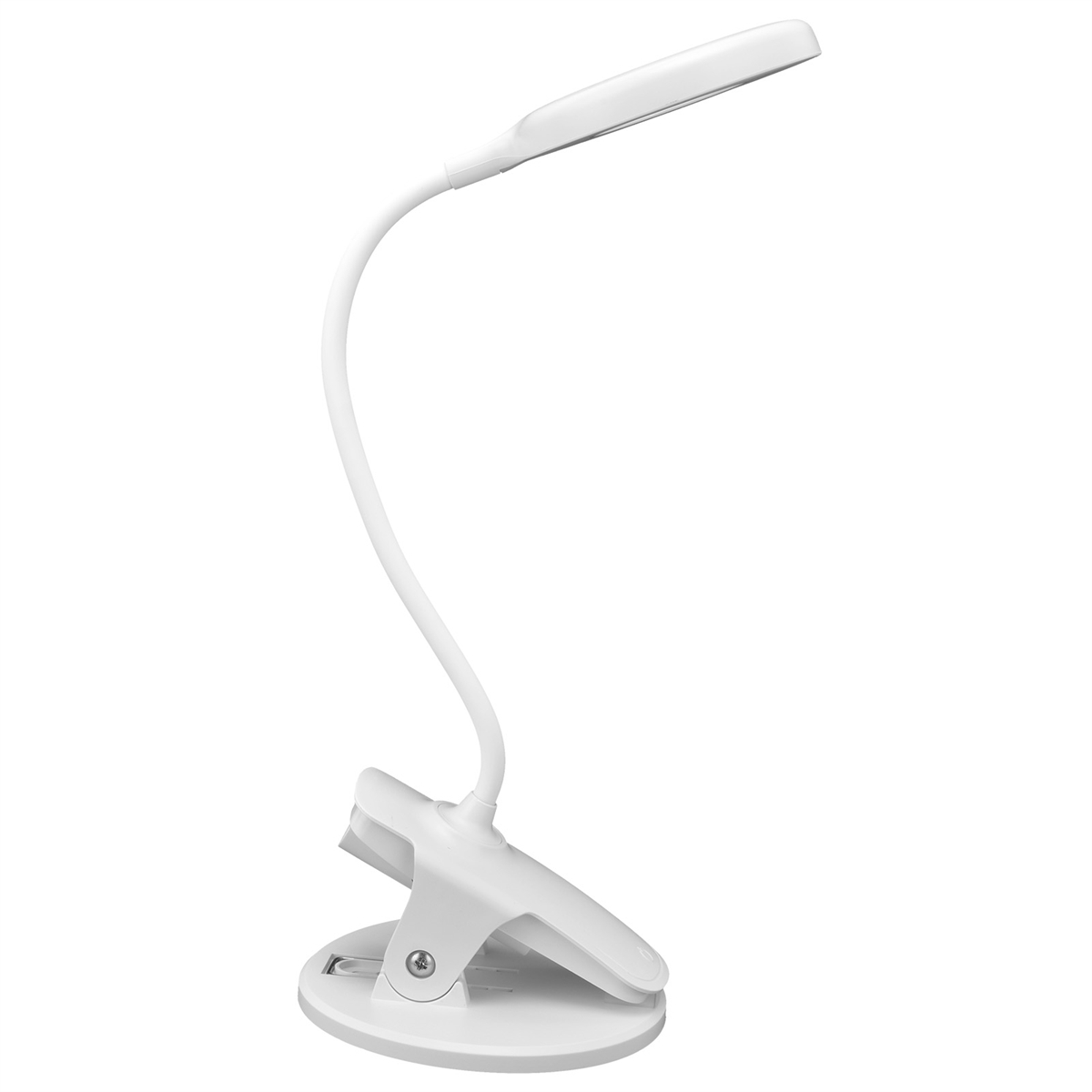 Weiße Schreibtischlampe mit flexiblem Hals, an einem Clip befestigt.