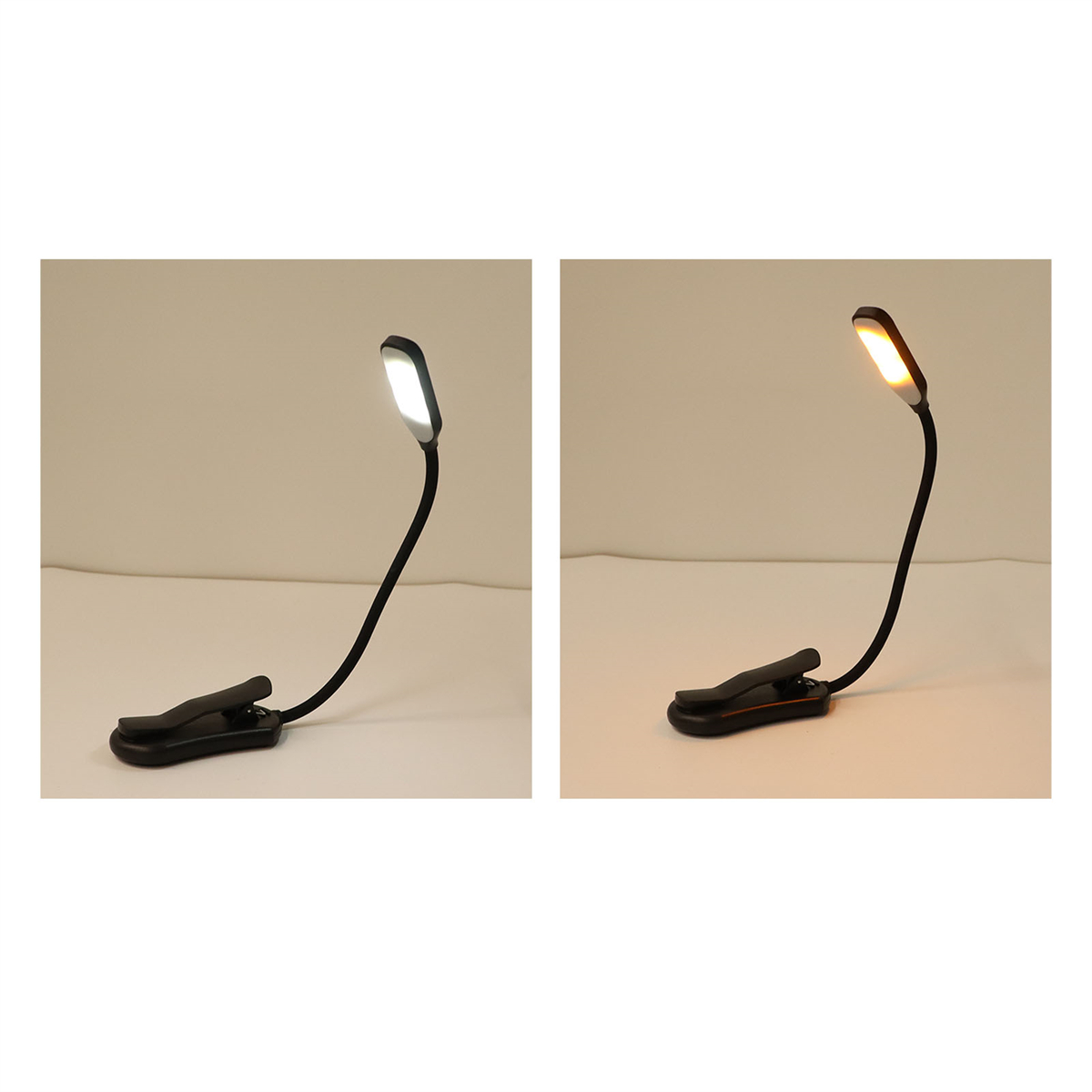 Zwei Bilder einer Clip-On-LED-Leselampe. Die Lichter sind auf den Fotos an und aus.