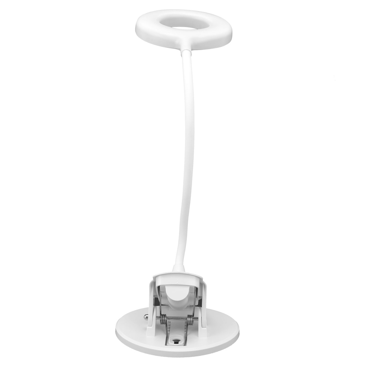 Weiße Schreibtischlampe mit ovalem Licht und flexiblem Arm.